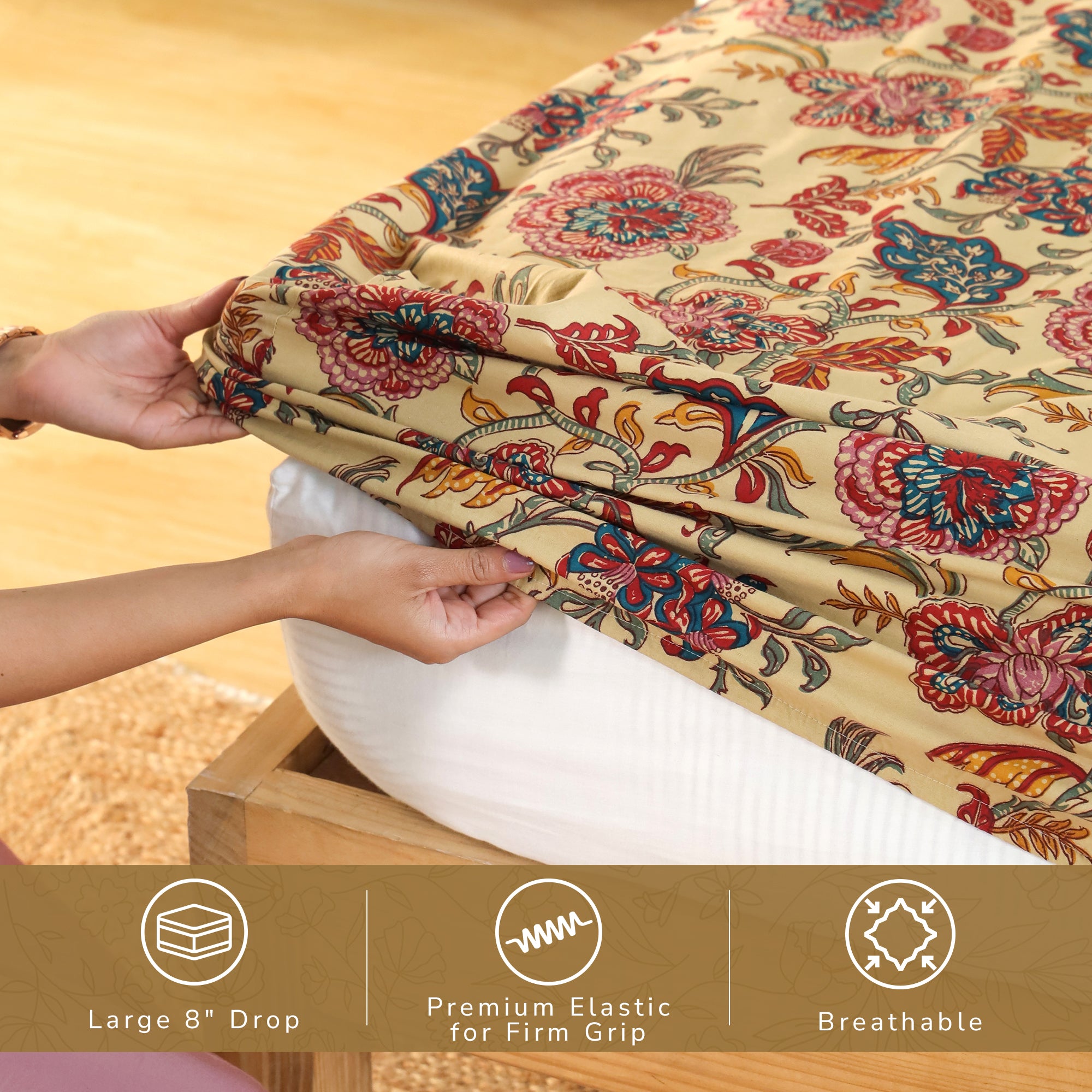Jaipur Bagh King Fitted Sheet with 2 Pillow Covers 100% Cotton 120 TC Chartook Brown