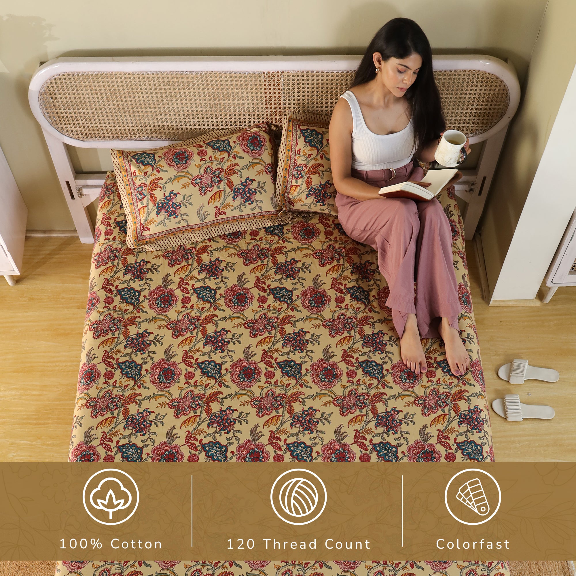 Jaipur Bagh King Fitted Sheet with 2 Pillow Covers 100% Cotton 120 TC Chartook Brown
