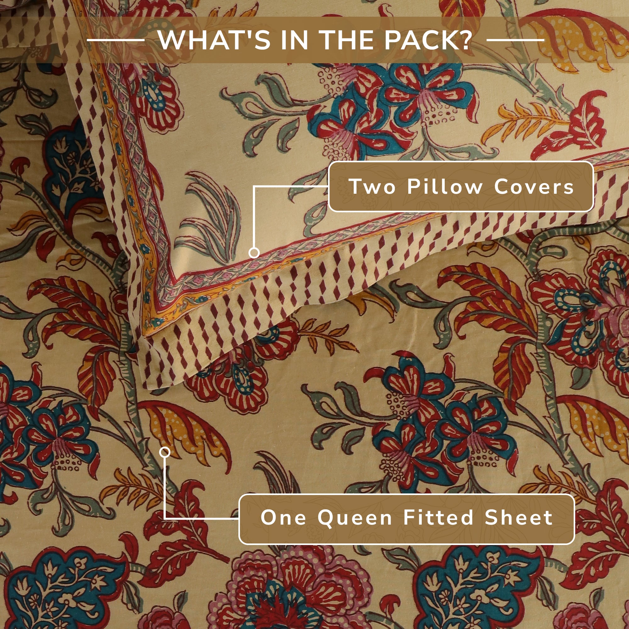 Jaipur Bagh Queen Fitted Sheet with 2 Pillow Covers 100% Cotton 120 TC Chartook Brown