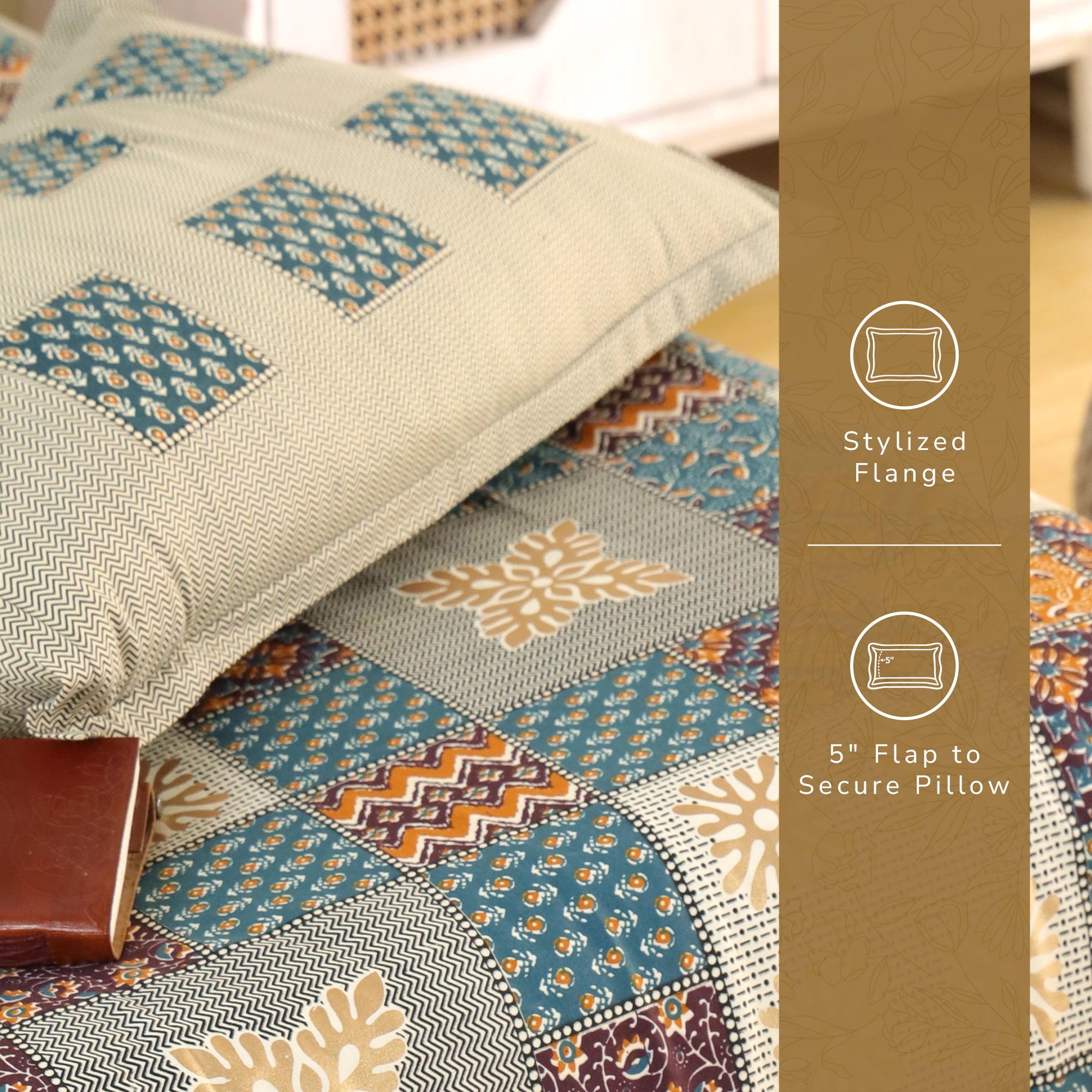 Jaipur Bagh King Bedsheet with 2 Pillow Covers 100% Cotton 120 TC Bagru Blue Gold Print