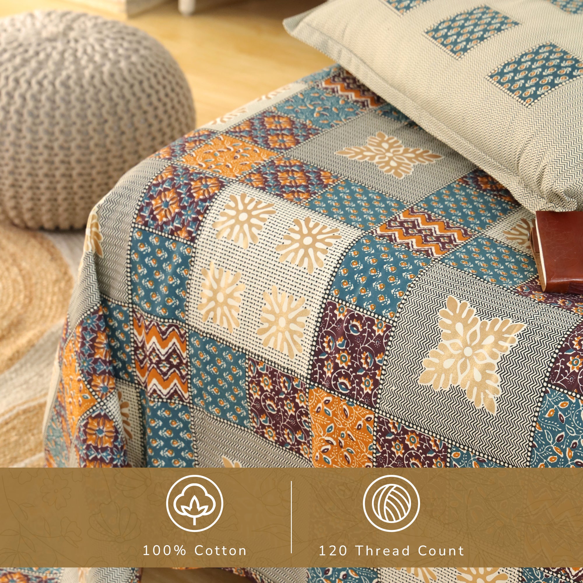 Jaipur Bagh King Bedsheet with 2 Pillow Covers 100% Cotton 120 TC Bagru Blue Gold Print