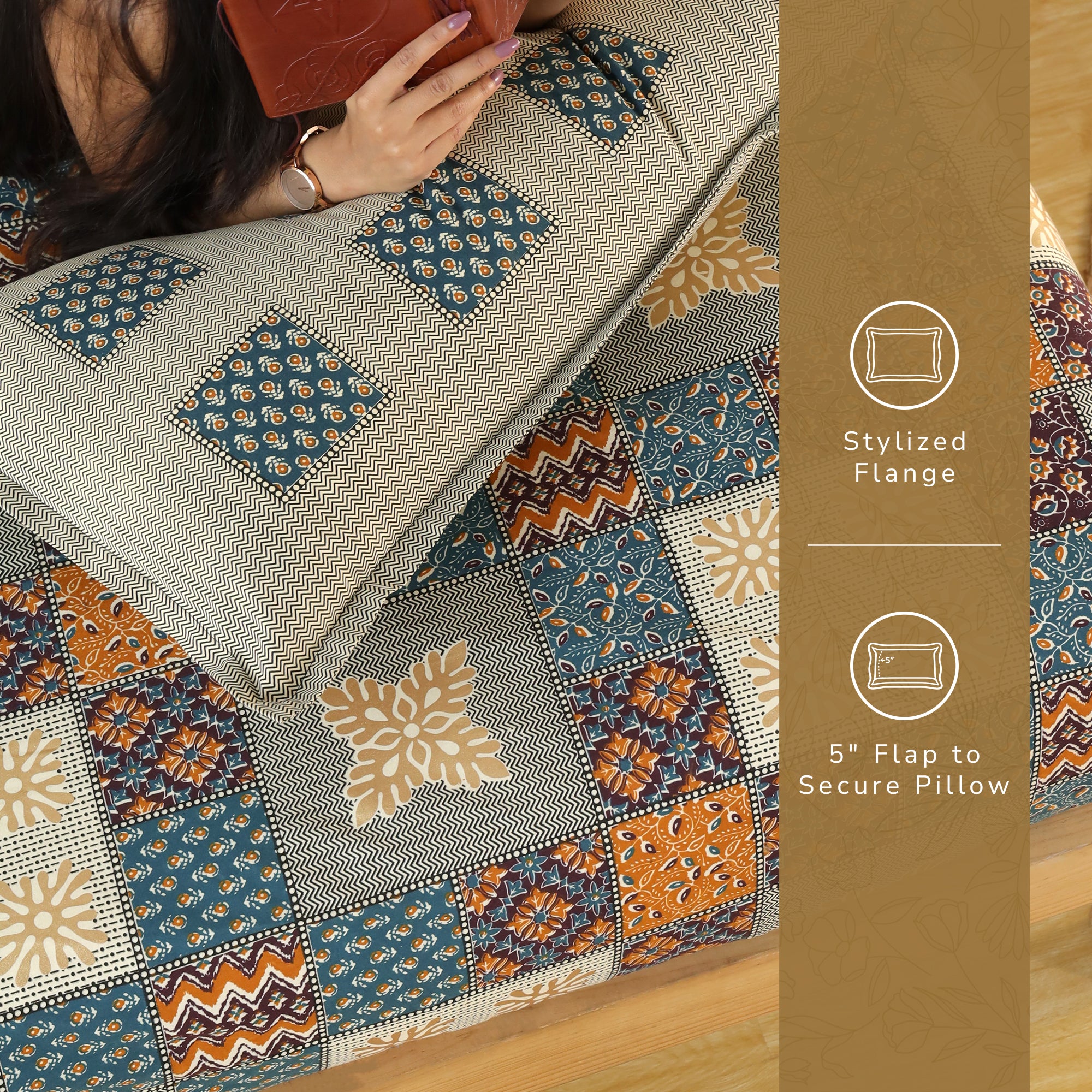 Jaipur Bagh Queen Fitted Sheet with 2 Pillow Covers 100% Cotton 120 TC Bagru Blue Gold Print