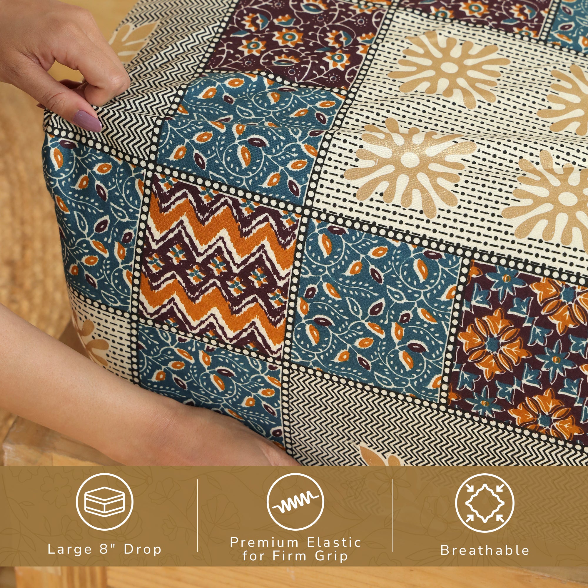 Jaipur Bagh Queen Fitted Sheet with 2 Pillow Covers 100% Cotton 120 TC Bagru Blue Gold Print