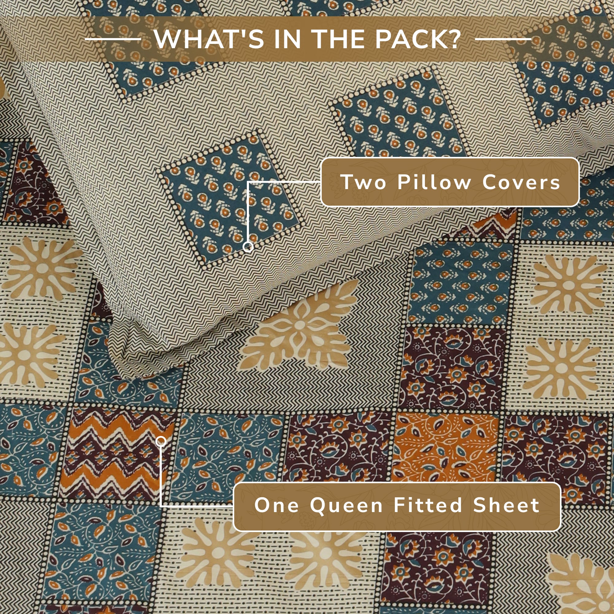 Jaipur Bagh Queen Fitted Sheet with 2 Pillow Covers 100% Cotton 120 TC Bagru Blue Gold Print