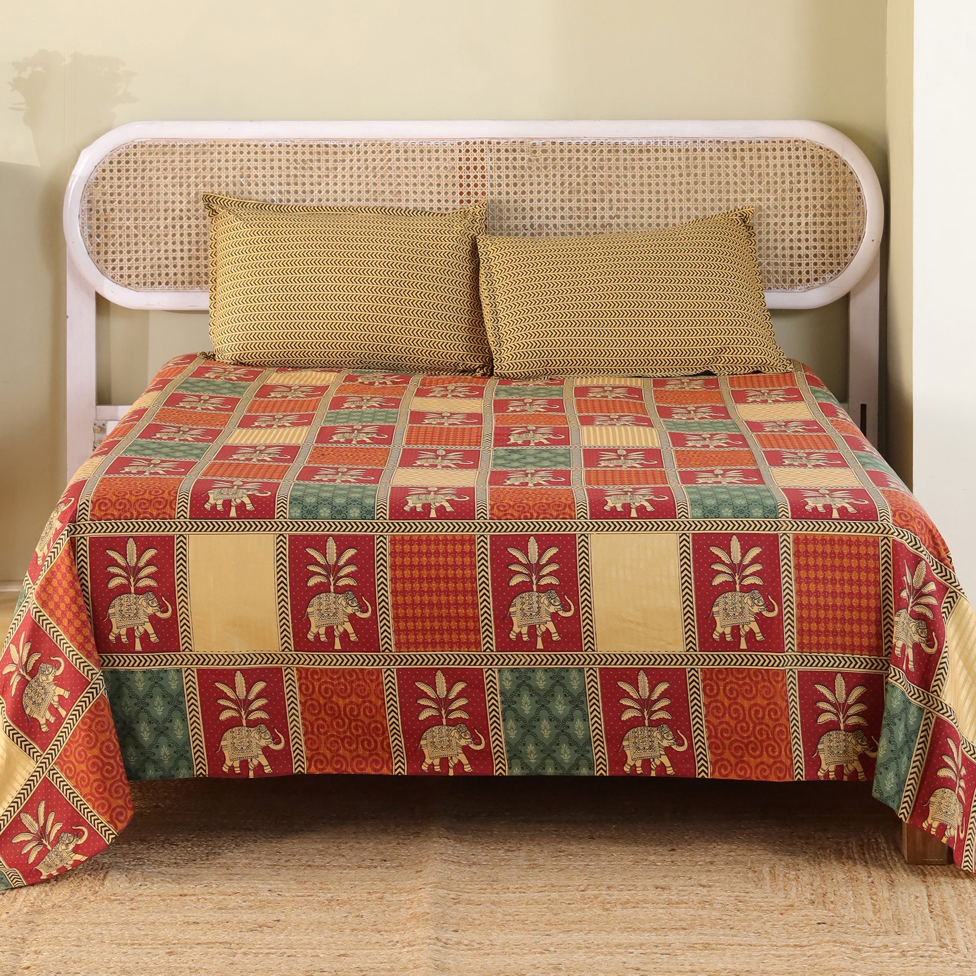 Jaipur Bagh King Bedsheet with 2 Pillow Covers 100% Cotton 120 TC Bagru Red Gold Print