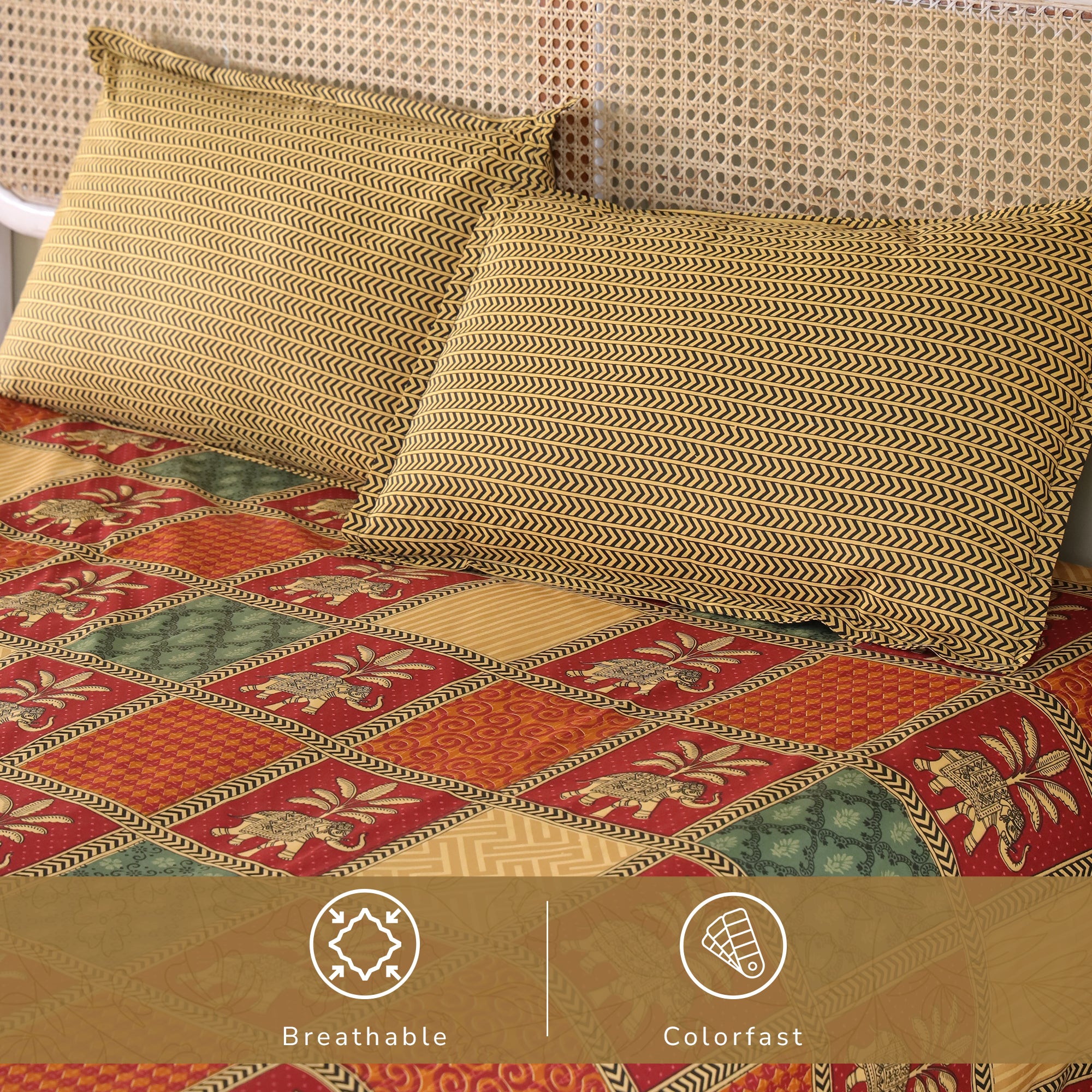Jaipur Bagh King Bedsheet with 2 Pillow Covers 100% Cotton 120 TC Bagru Red Gold Print