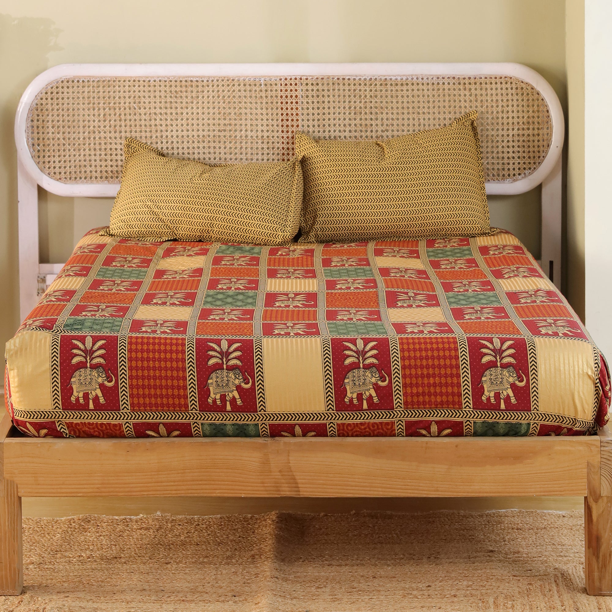 Jaipur Bagh King Fitted Sheet with 2 Pillow Covers 100% Cotton 120 TC Bagru Red Gold Print
