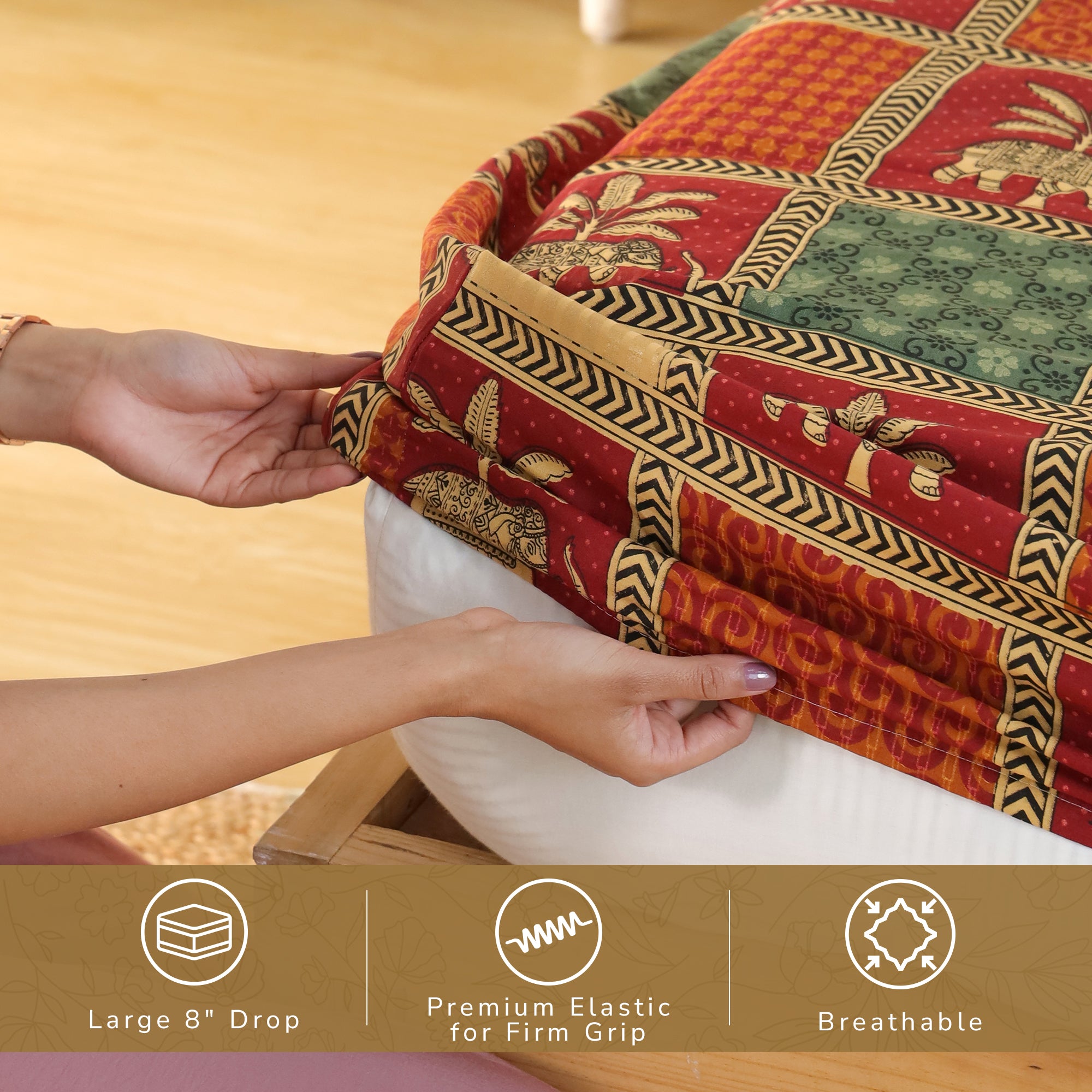Jaipur Bagh Queen Fitted Sheet with 2 Pillow Covers 100% Cotton 120 TC Bagru Red Gold Print