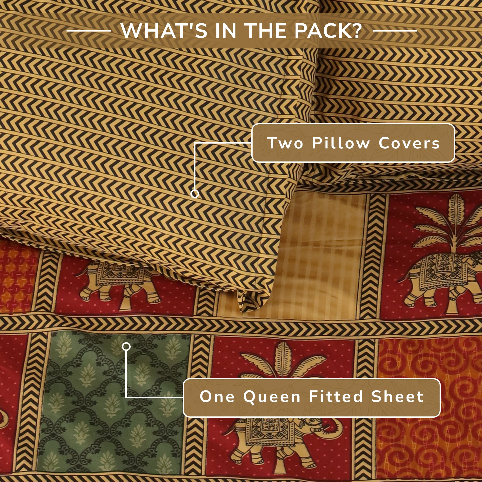 Jaipur Bagh Queen Fitted Sheet with 2 Pillow Covers 100% Cotton 120 TC Bagru Red Gold Print