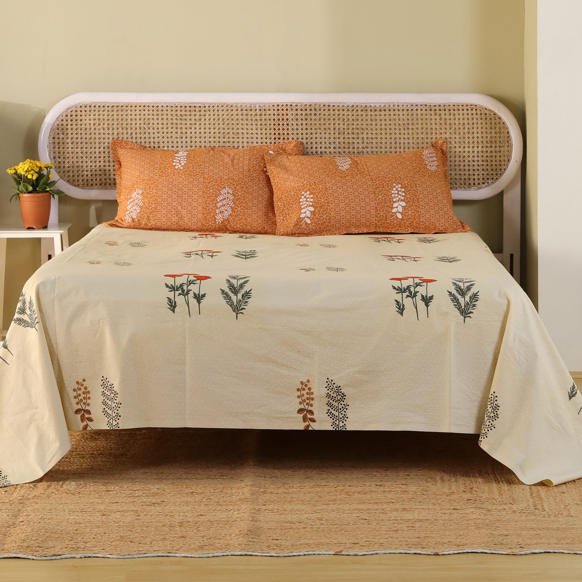 Jaipur Bagh King Bedsheet with 2 Pillow Covers 100% Cotton 120 TC Ethnic Block Yellow Khari Print