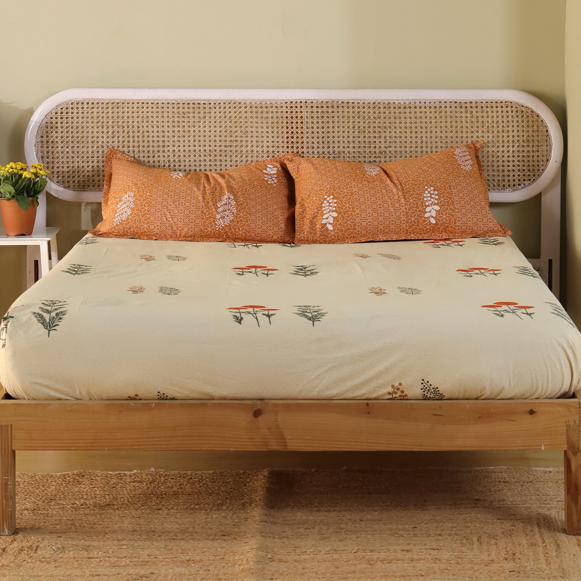 Jaipur Bagh King Fitted Sheet with 2 Pillow Covers 100% Cotton 120 TC Ethnic Block Yellow Khari Print