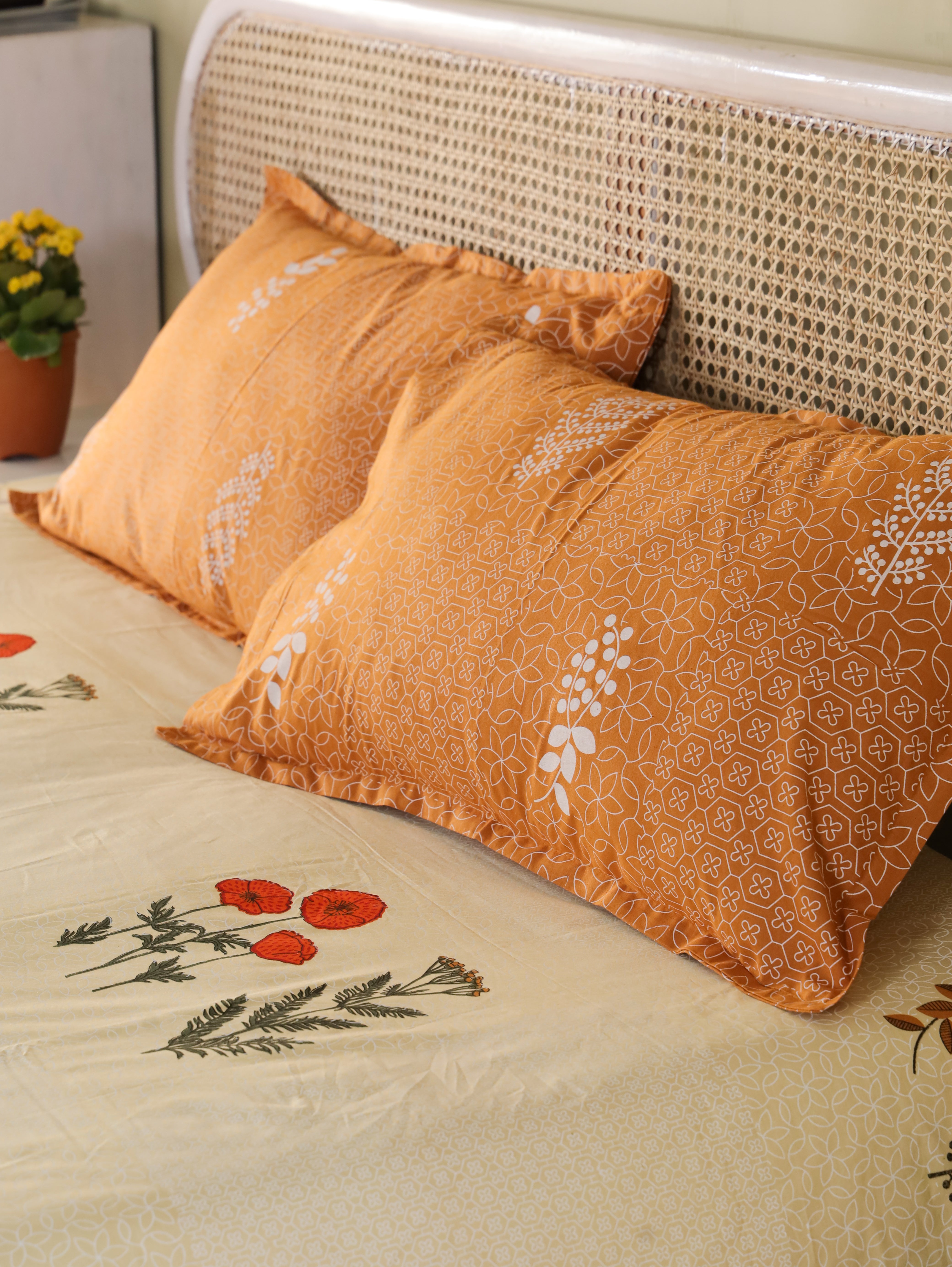 Jaipur Bagh Queen Fitted Sheet with 2 Pillow Covers 100% Cotton 120 TC Ethnic Block Yellow Khari Print