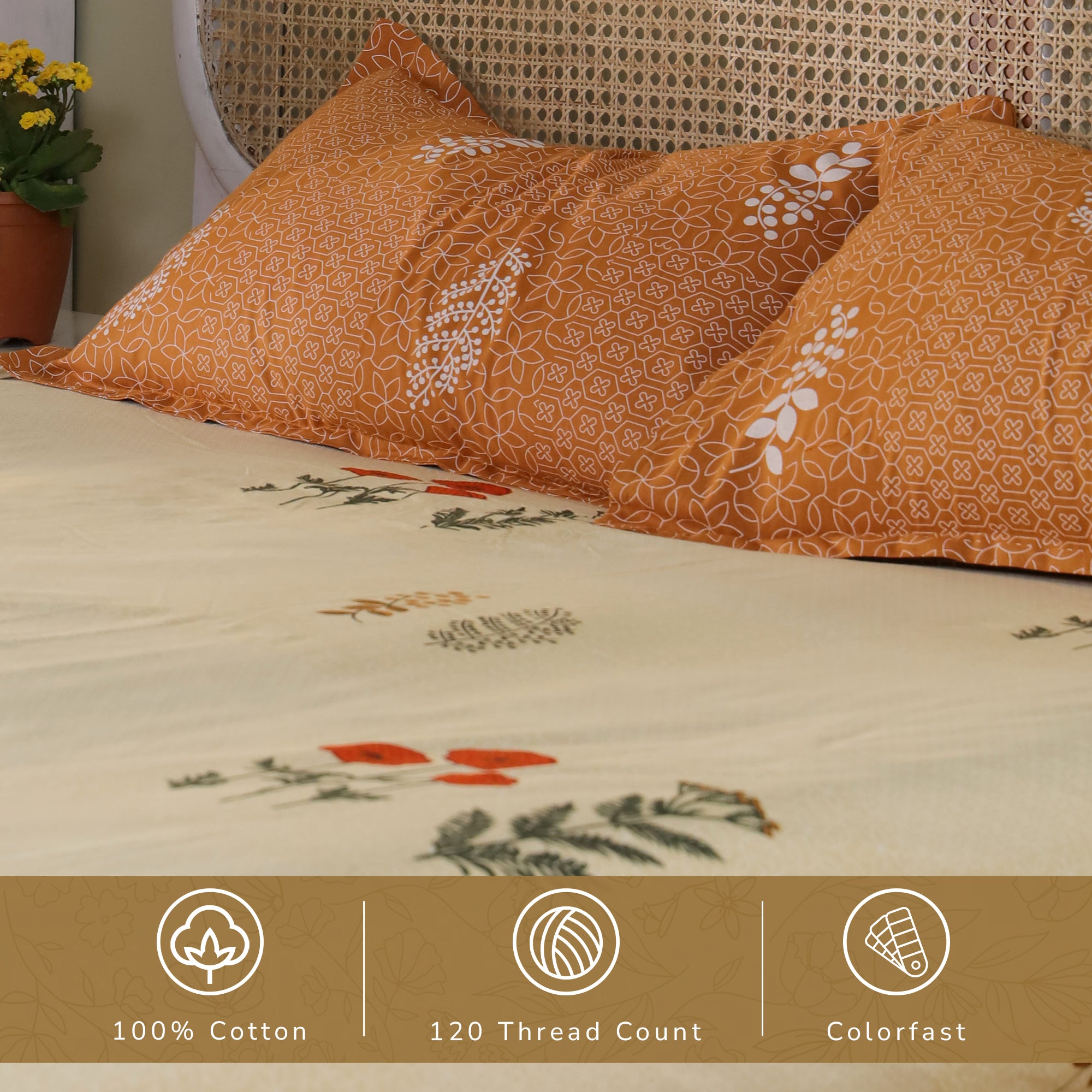 Jaipur Bagh Queen Fitted Sheet with 2 Pillow Covers 100% Cotton 120 TC Ethnic Block Yellow Khari Print