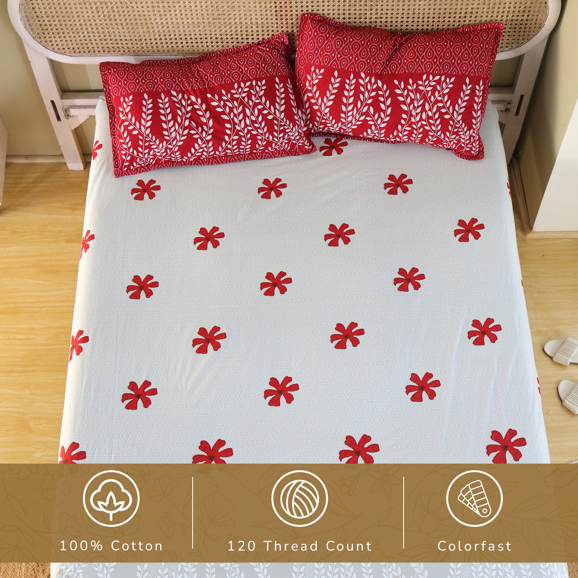 Jaipur Bagh King Fitted Sheet with 2 Pillow Covers 100% Cotton 120 TC Classy Floral Grey Khari Print