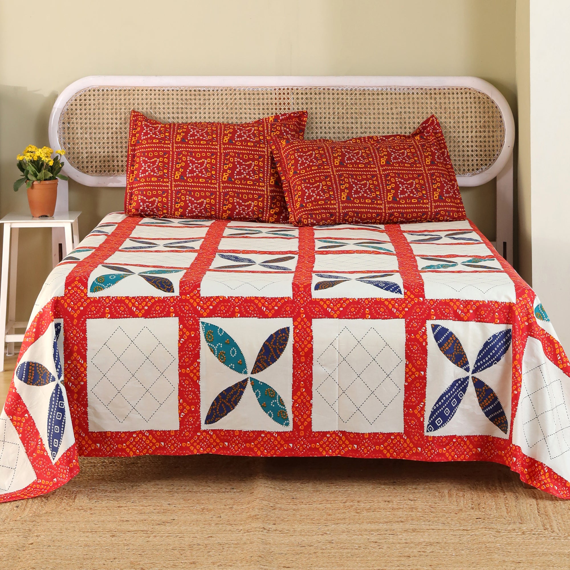 Jaipur Bagh King Bedsheet with 2 Pillow Covers 100% Cotton 120 TC Chunari Patch Red