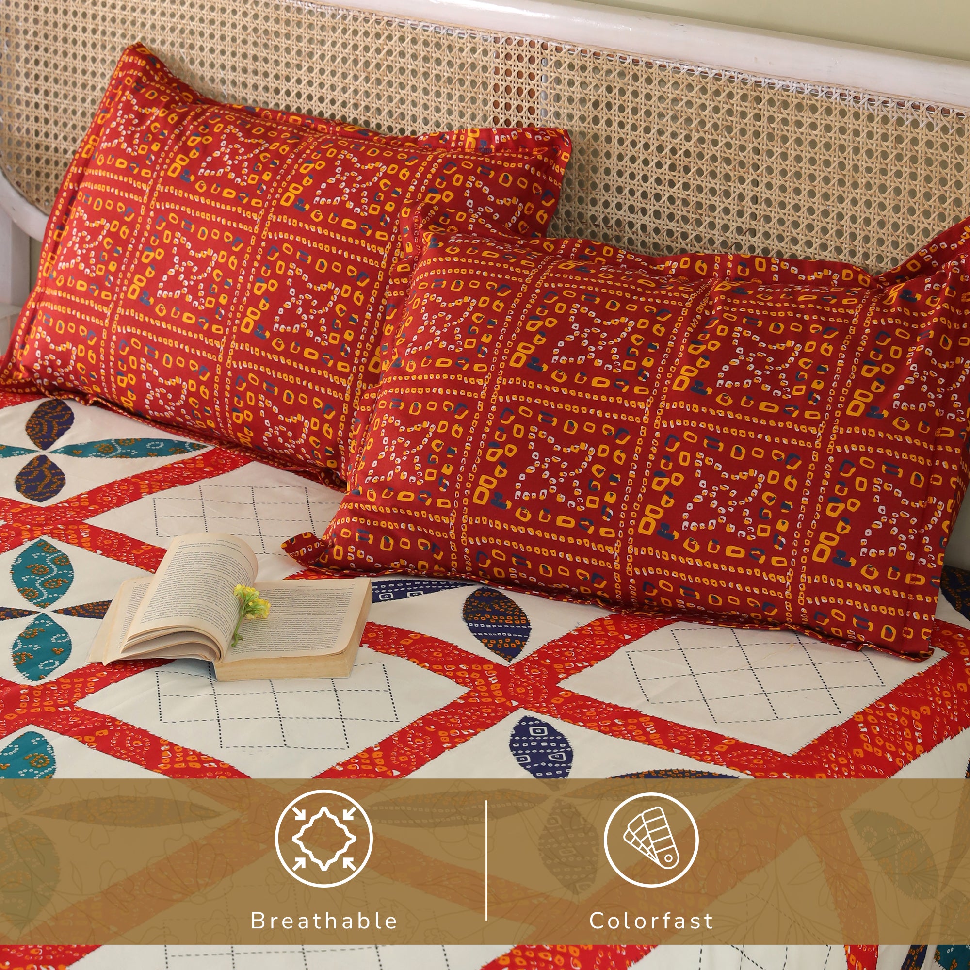 Jaipur Bagh King Bedsheet with 2 Pillow Covers 100% Cotton 120 TC Chunari Patch Red