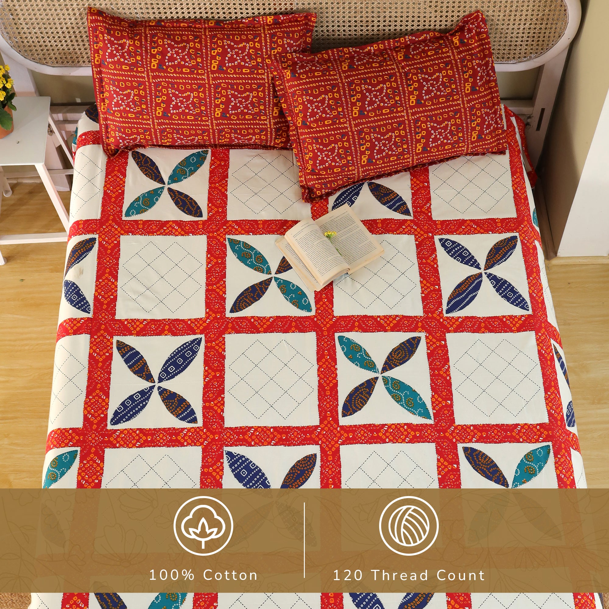 Jaipur Bagh King Bedsheet with 2 Pillow Covers 100% Cotton 120 TC Chunari Patch Red