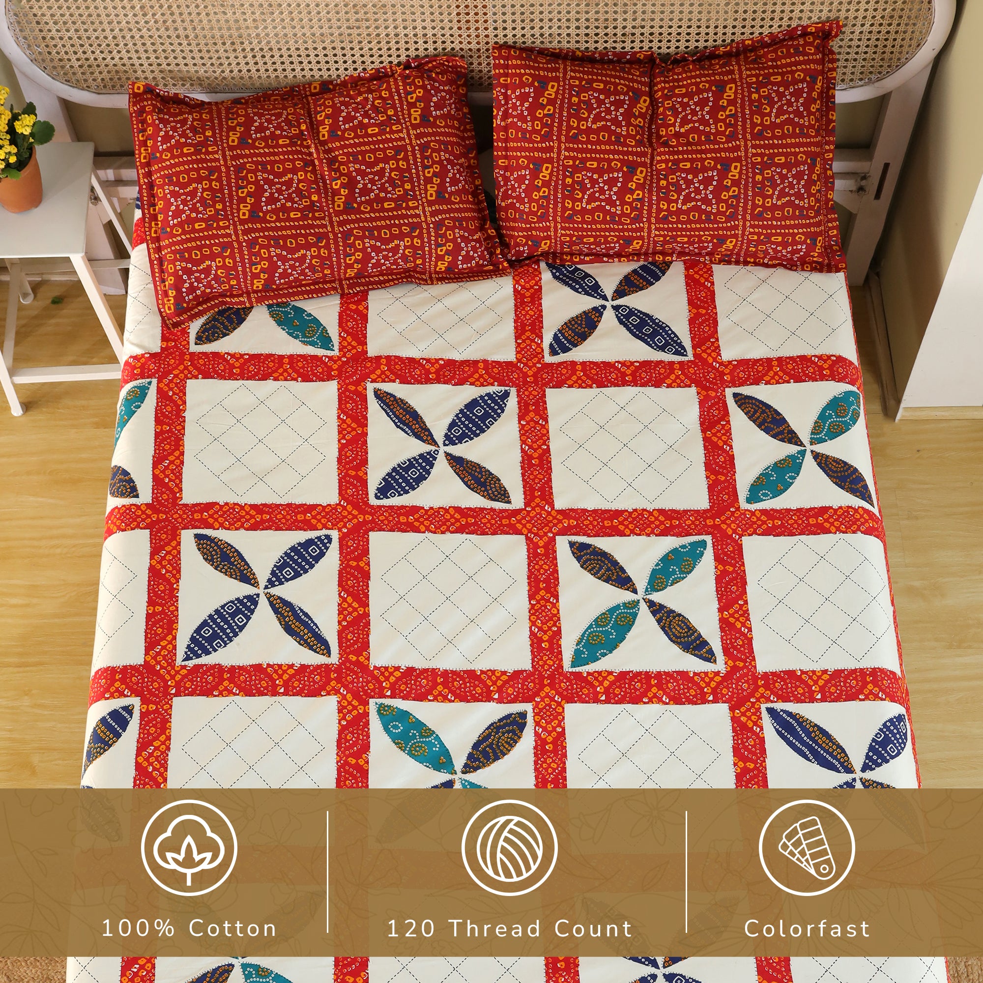 Jaipur Bagh King Fitted Sheet with 2 Pillow Covers 100% Cotton 120 TC Chunari Patch Red