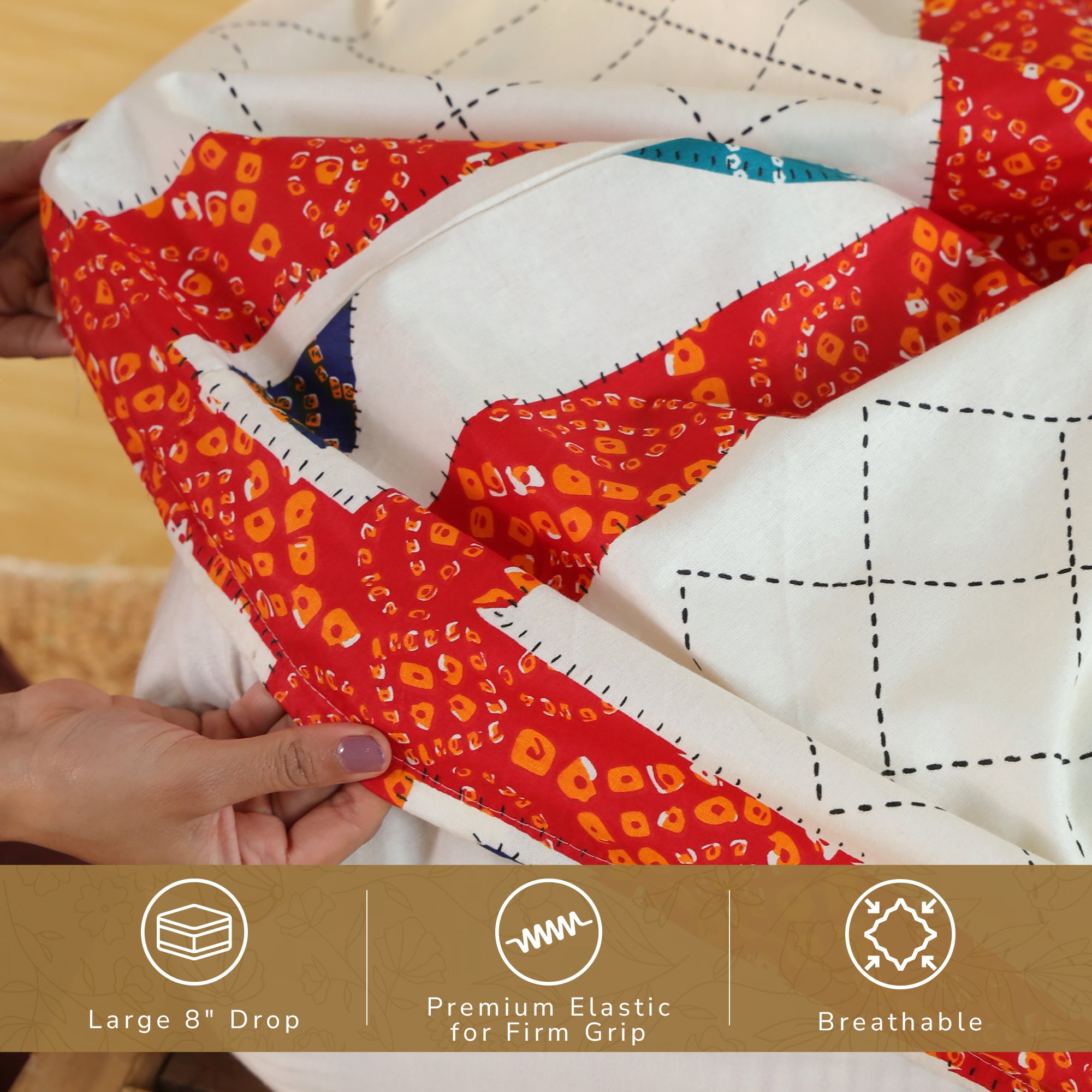 Jaipur Bagh Queen Fitted Sheet with 2 Pillow Covers 100% Cotton 120 TC Chunari Patch Red