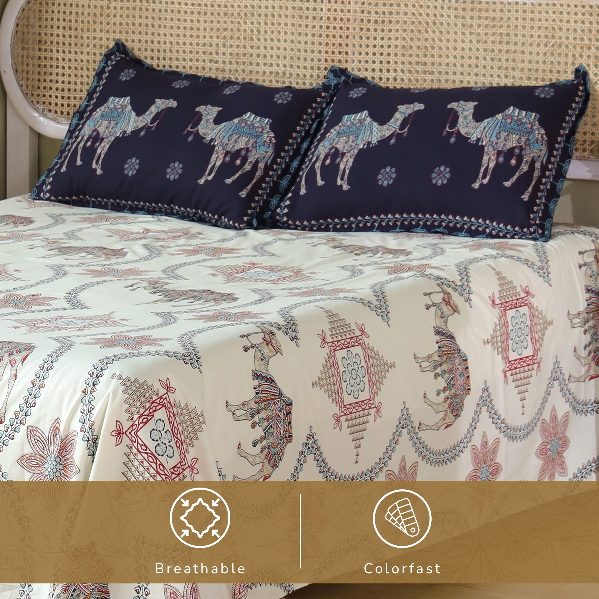 Jaipur Bagh King Bedsheet with 2 Pillow Covers 100% Cotton 120 TC Kashida Print Blue