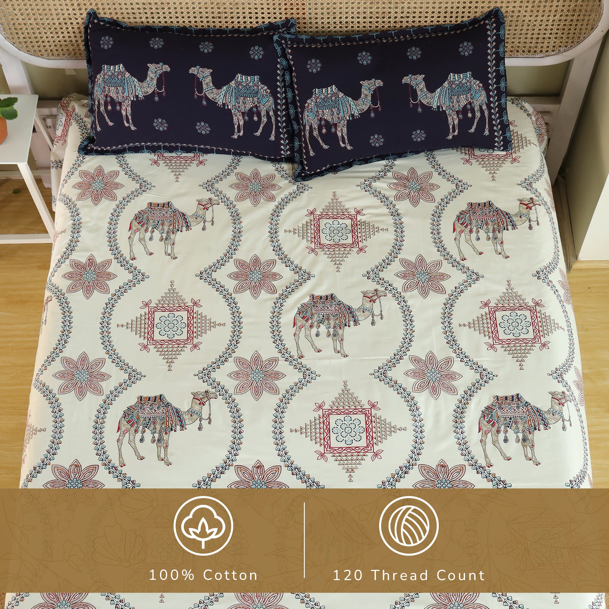Jaipur Bagh King Bedsheet with 2 Pillow Covers 100% Cotton 120 TC Kashida Print Blue