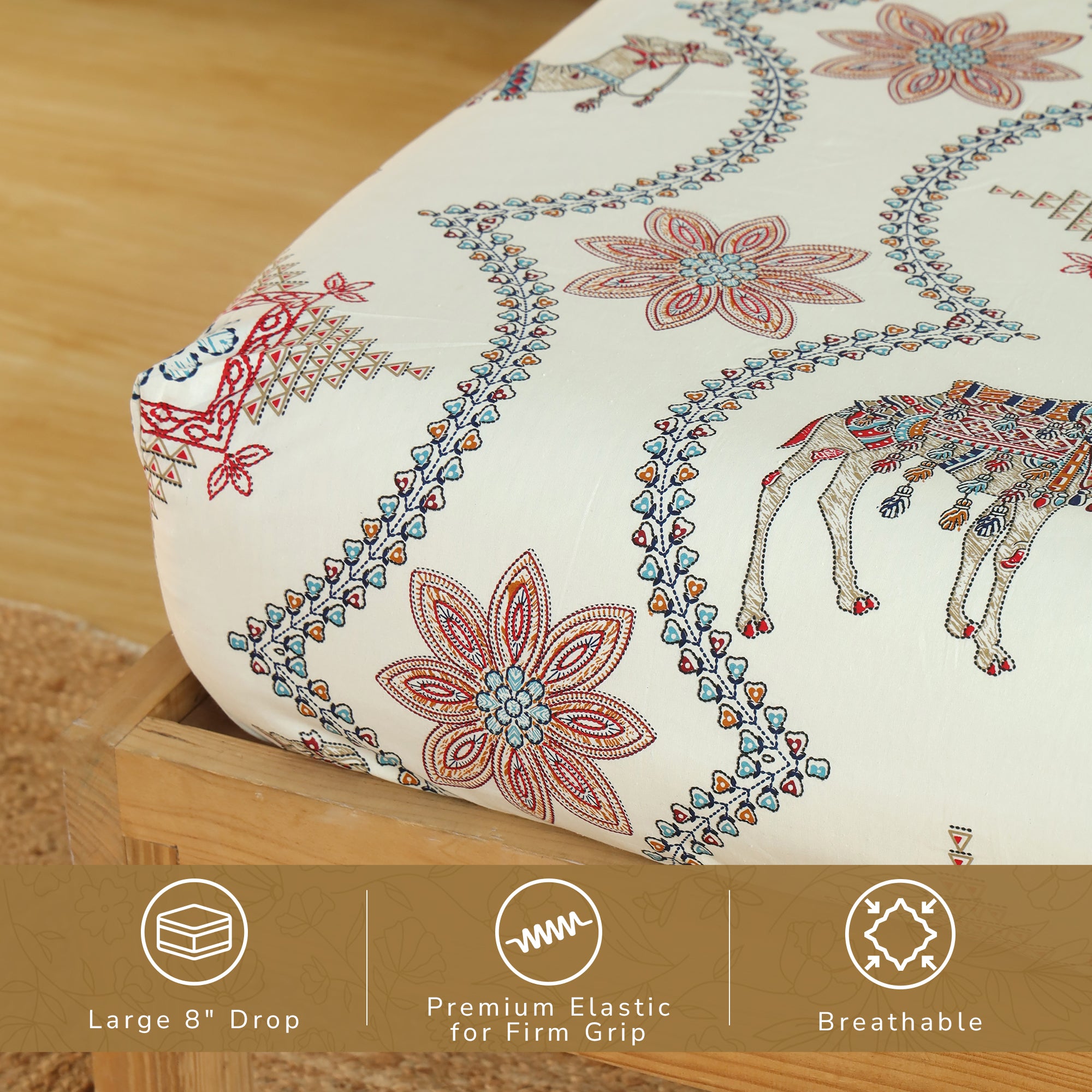 Jaipur Bagh Queen Fitted Sheet with 2 Pillow Covers 100% Cotton 120 TC Kashida Print Blue