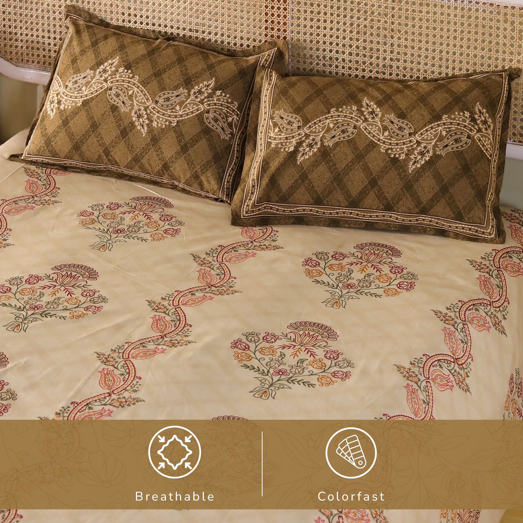 Jaipur Bagh King Bedsheet with 2 Pillow Covers 100% Cotton 120 TC Kashida Style Brown