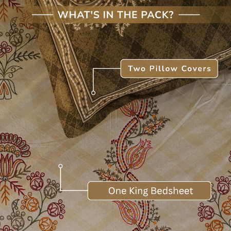 Jaipur Bagh King Bedsheet with 2 Pillow Covers 100% Cotton 120 TC Kashida Style Brown