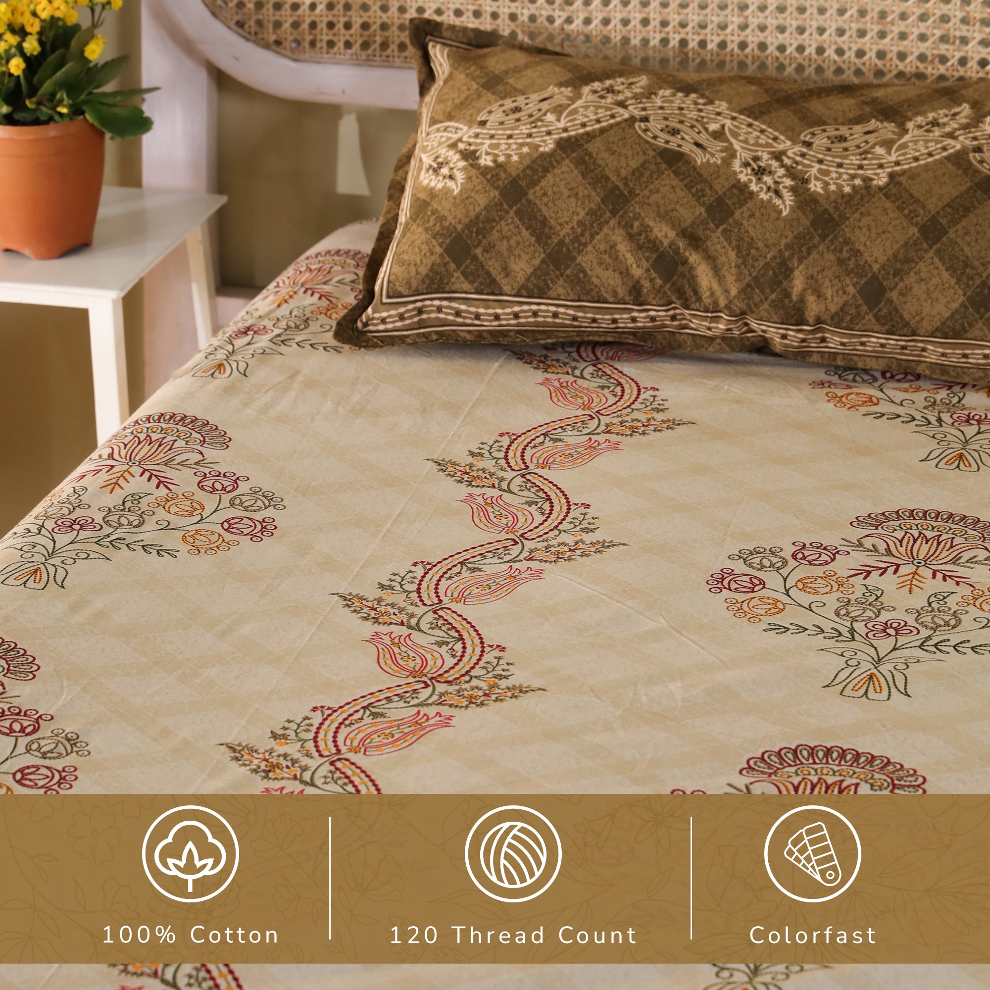 Jaipur Bagh King Fitted Sheet with 2 Pillow Covers 100% Cotton 120 TC Kashida Style Brown