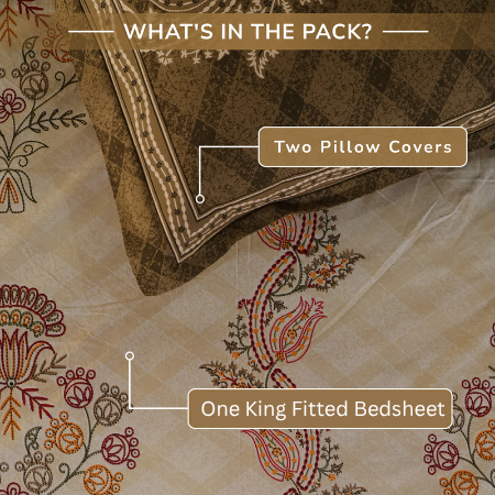 Jaipur Bagh King Fitted Sheet with 2 Pillow Covers 100% Cotton 120 TC Kashida Style Brown