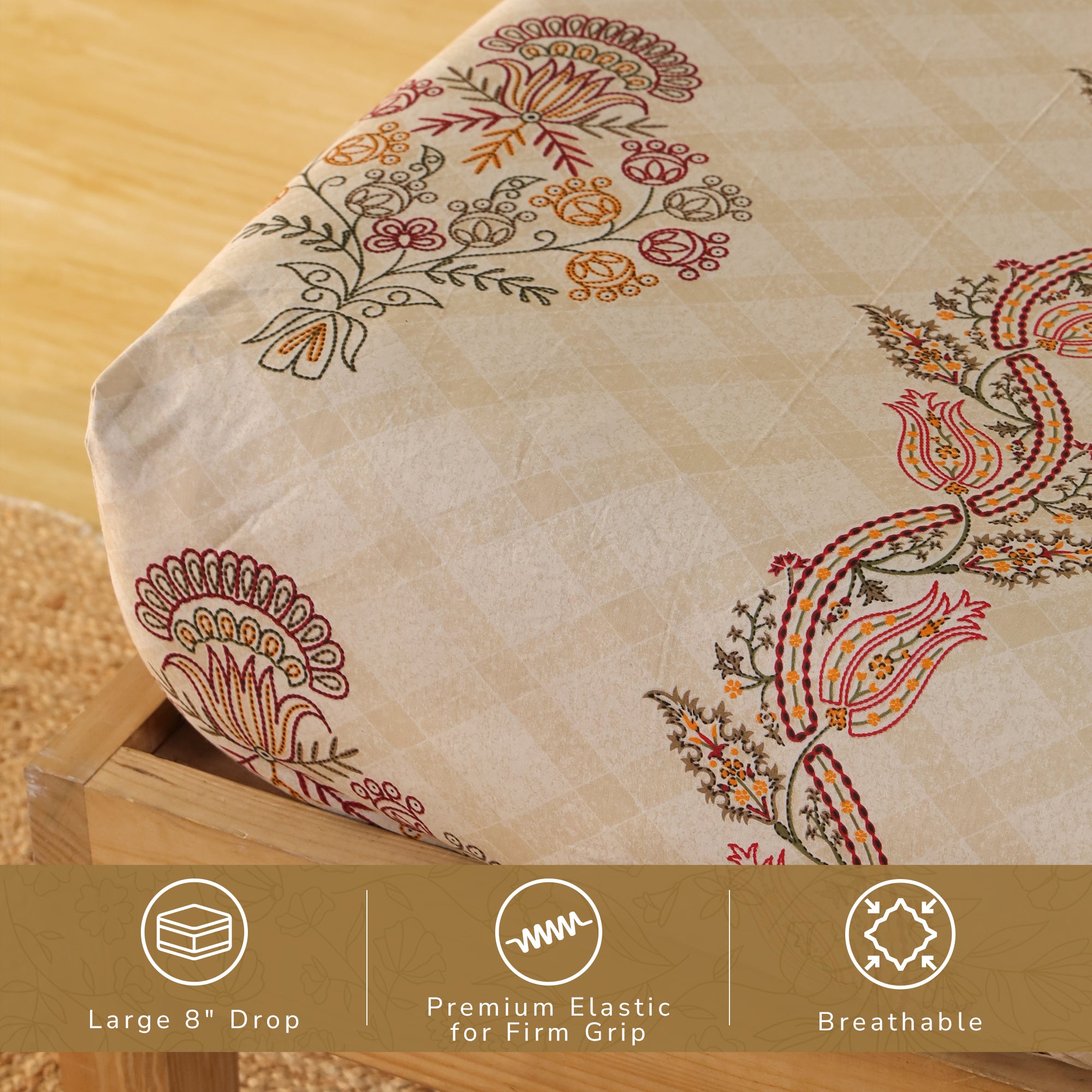 Jaipur Bagh Queen Fitted Sheet with 2 Pillow Covers 100% Cotton 120 TC Kashida Style Brown