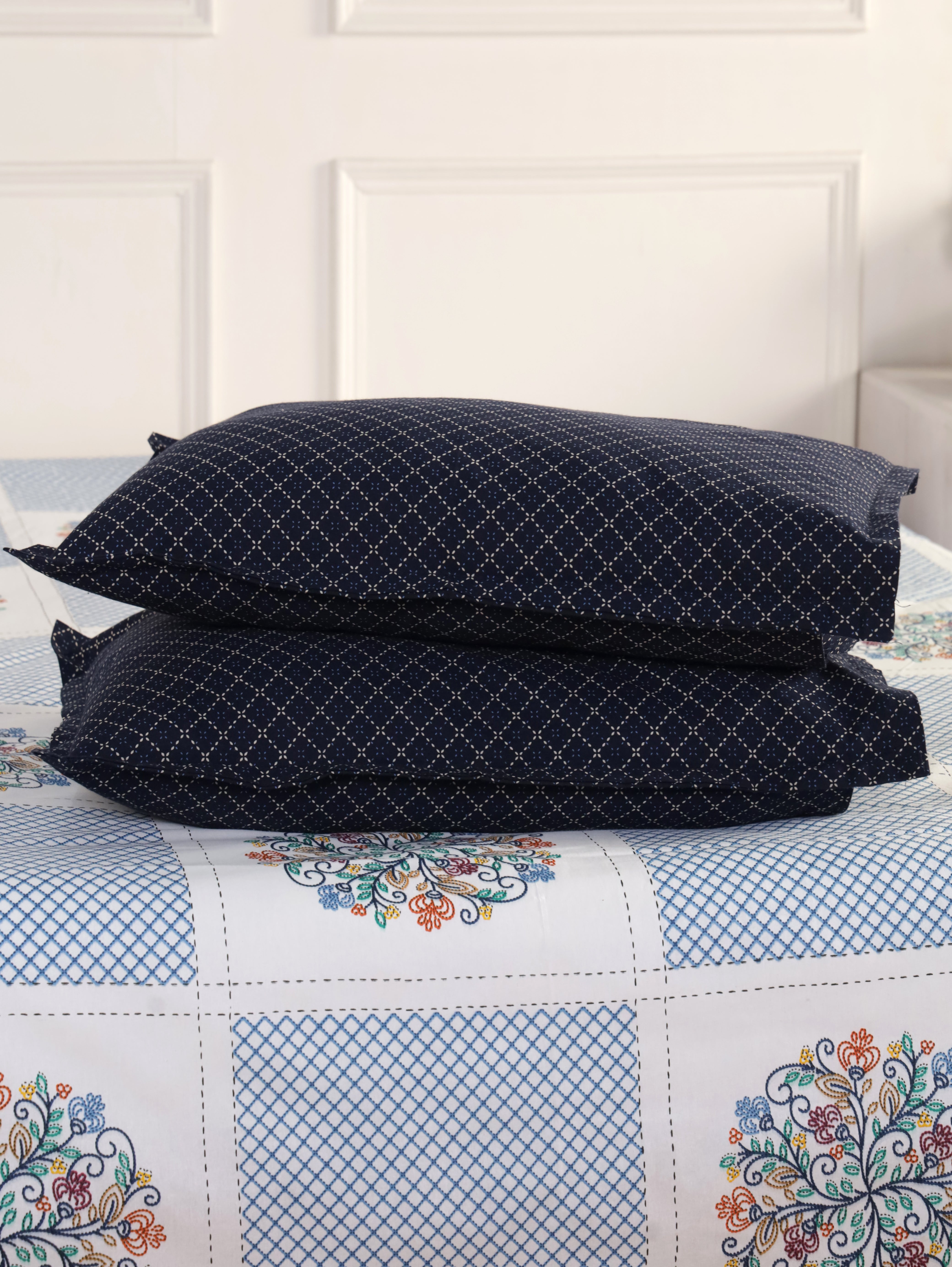 Jaipur Bagh King Bedsheet with 2 Pillow Covers 100% Cotton 120 TC Embroydiery Print Blue