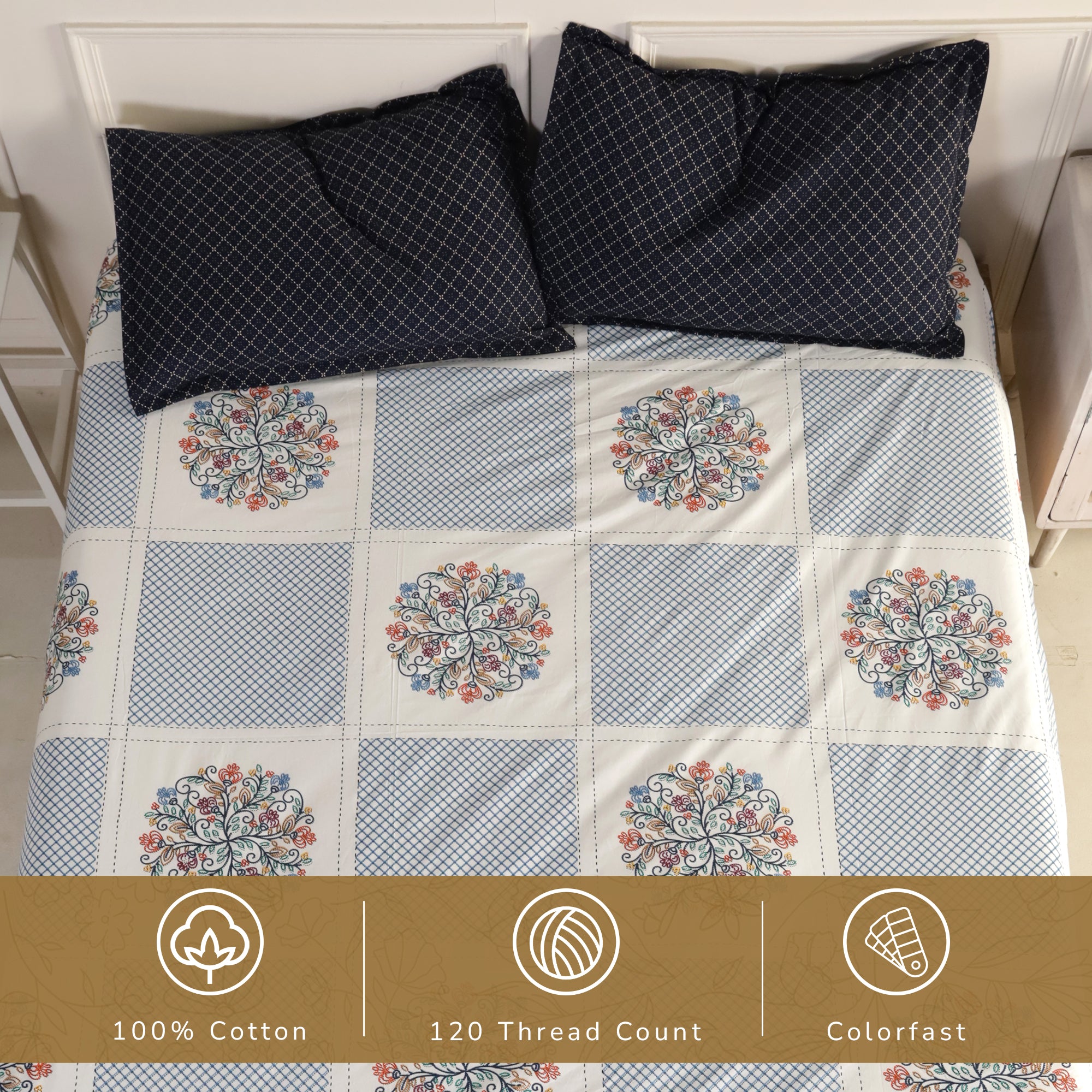 Jaipur Bagh Queen Fitted Sheet with 2 Pillow Covers 100% Cotton 120 TC Embroydiery Print Blue