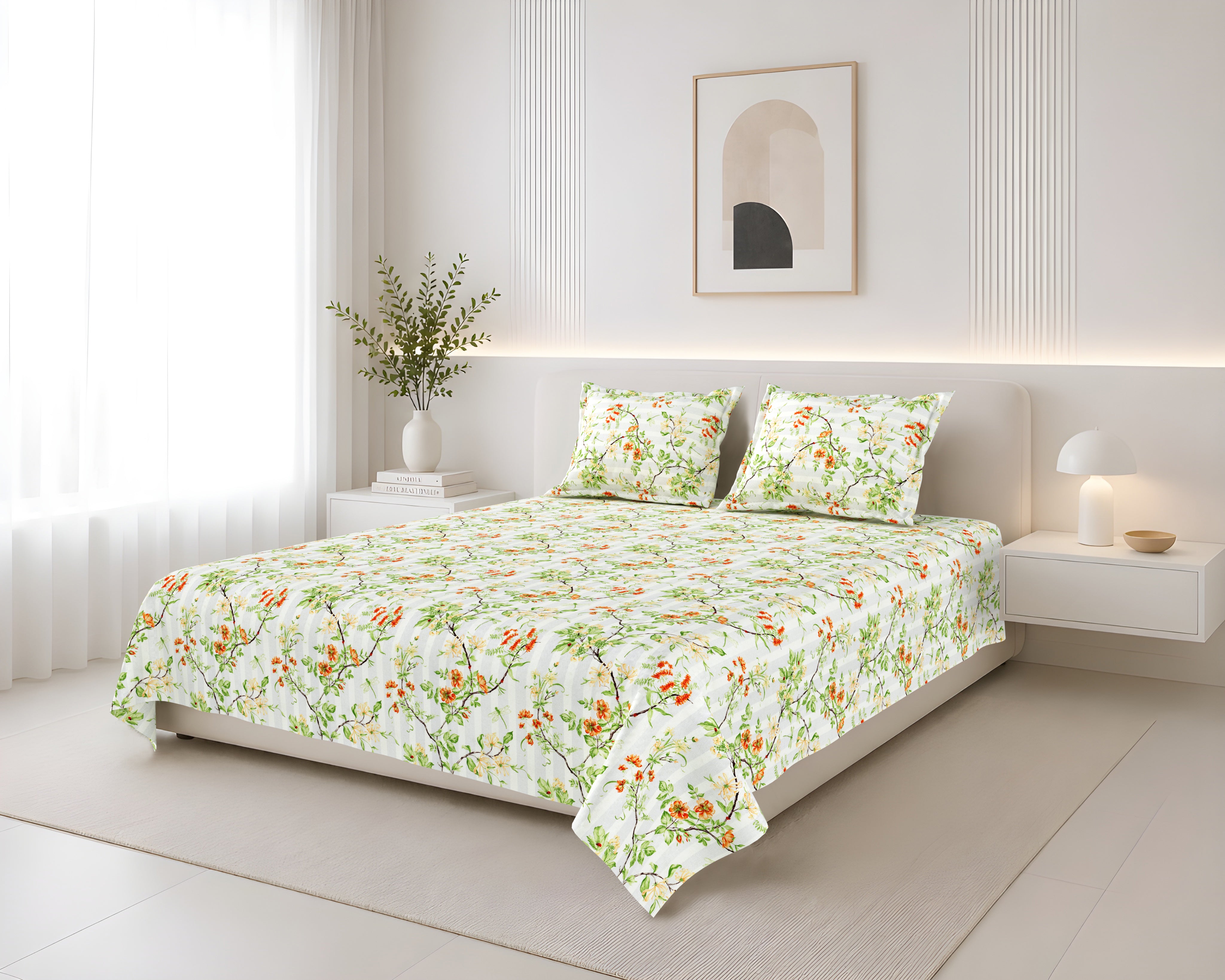 Lotus Queen Bedsheet with 2 Pillow Covers 100% Cotton 120 TC Floral Stripe Green