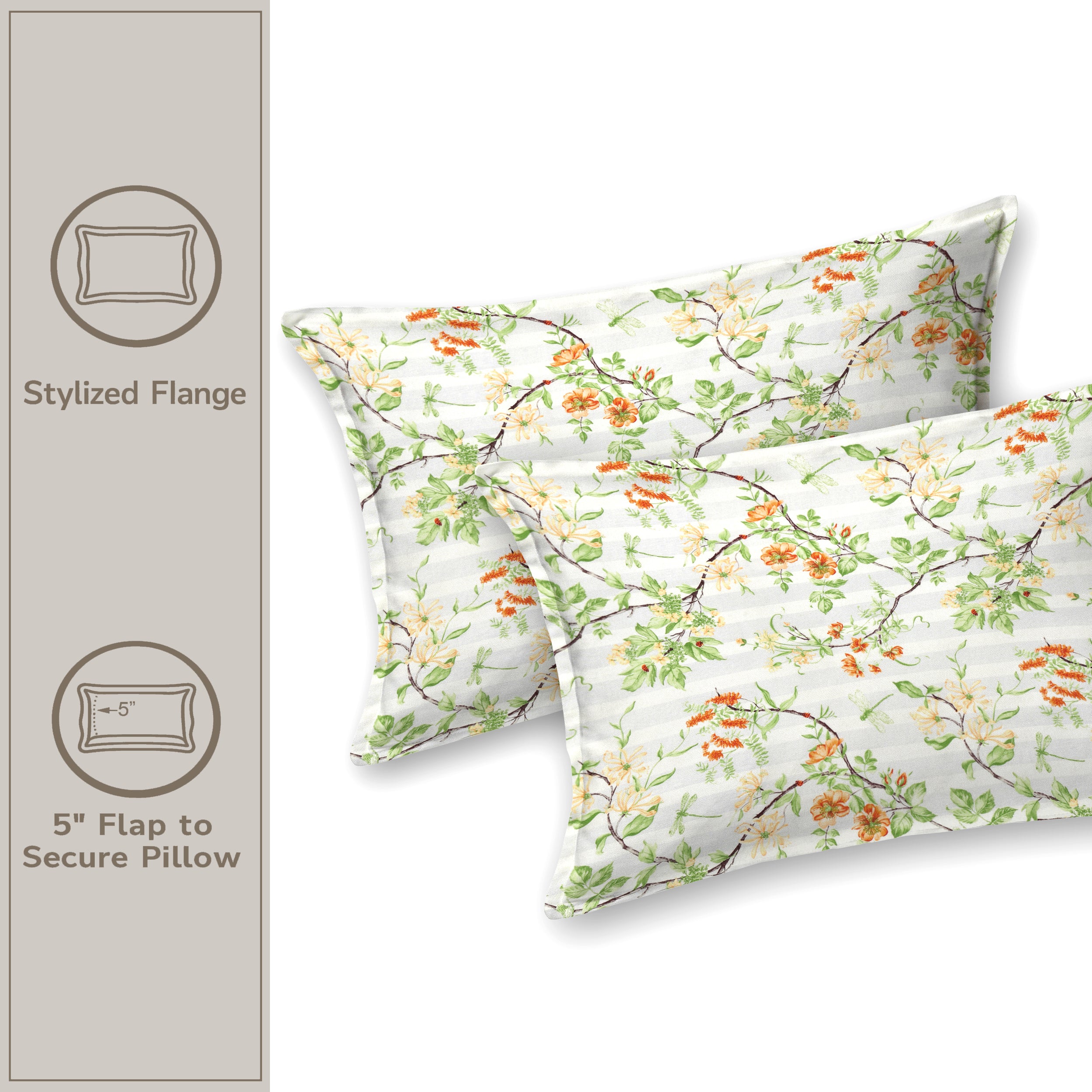 Lotus Queen Bedsheet with 2 Pillow Covers 100% Cotton 120 TC Floral Stripe Green