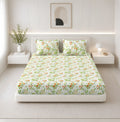 Lotus Queen Fitted Sheet with 2 Pillow Covers 100% Cotton 120 TC Floral Stripe Green
