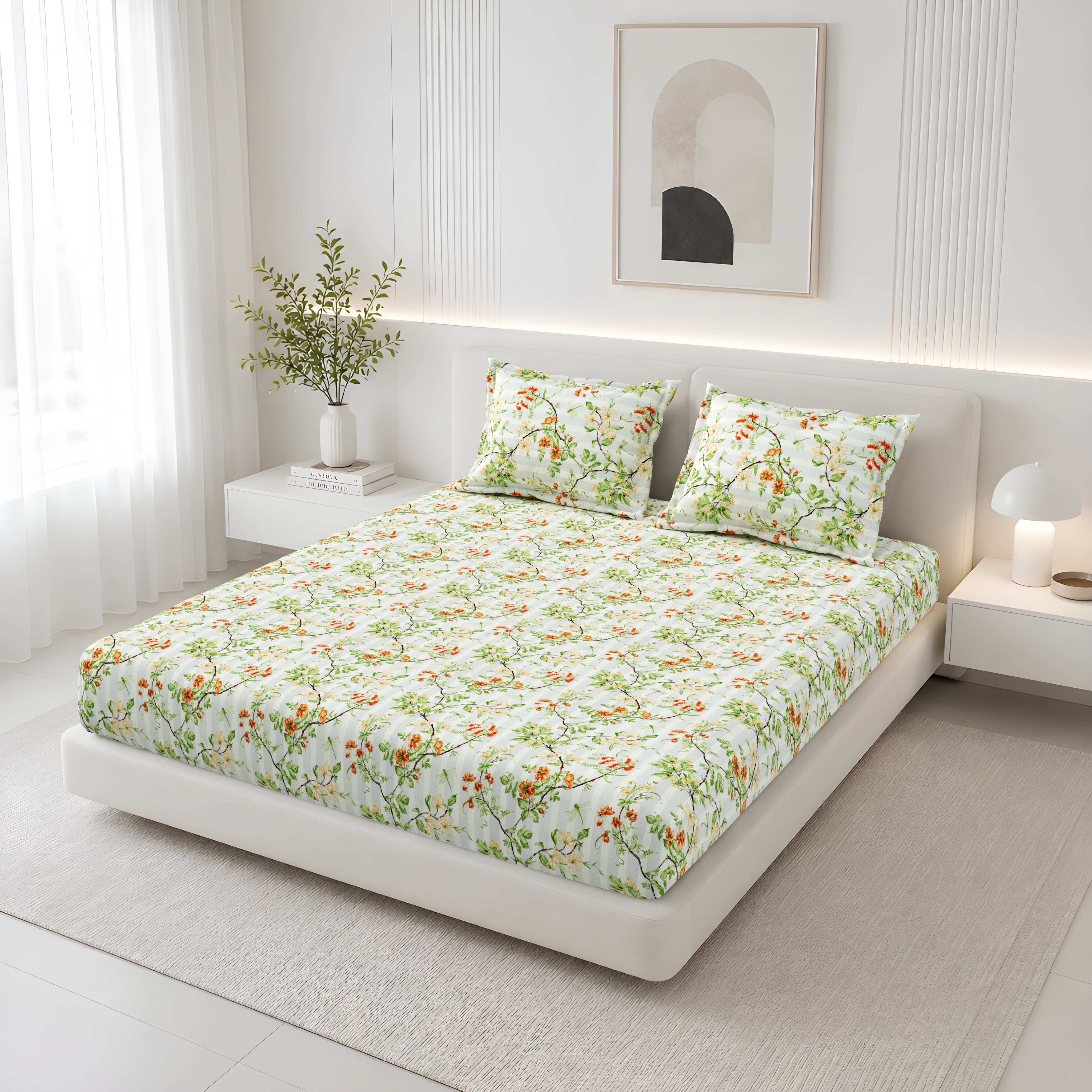 Lotus Queen Fitted Sheet with 2 Pillow Covers 100% Cotton 120 TC Floral Stripe Green