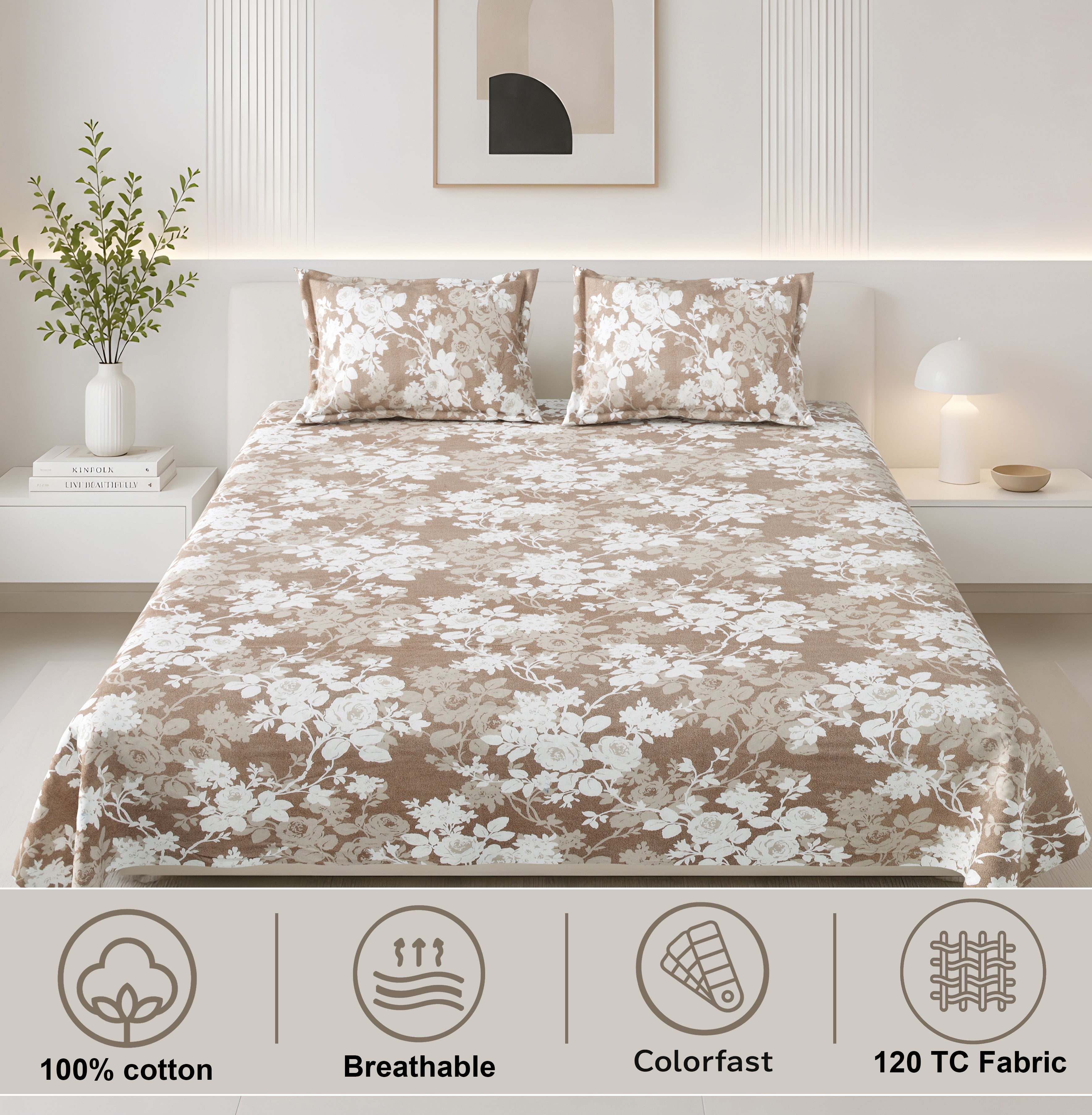 Lotus Queen Bedsheet with 2 Pillow Covers 100% Cotton 120 TC Rose Bouquet Brown