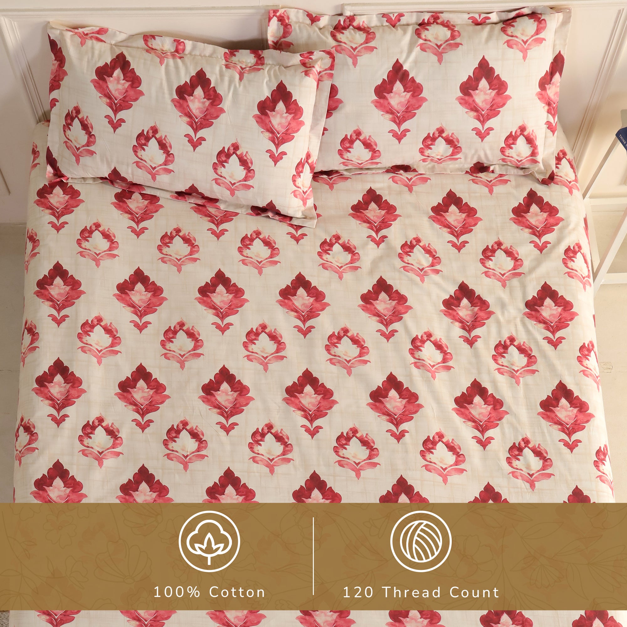Lotus Queen Bedsheet with 2 Pillow Covers 100% Cotton 120 TC Classic Indian Red