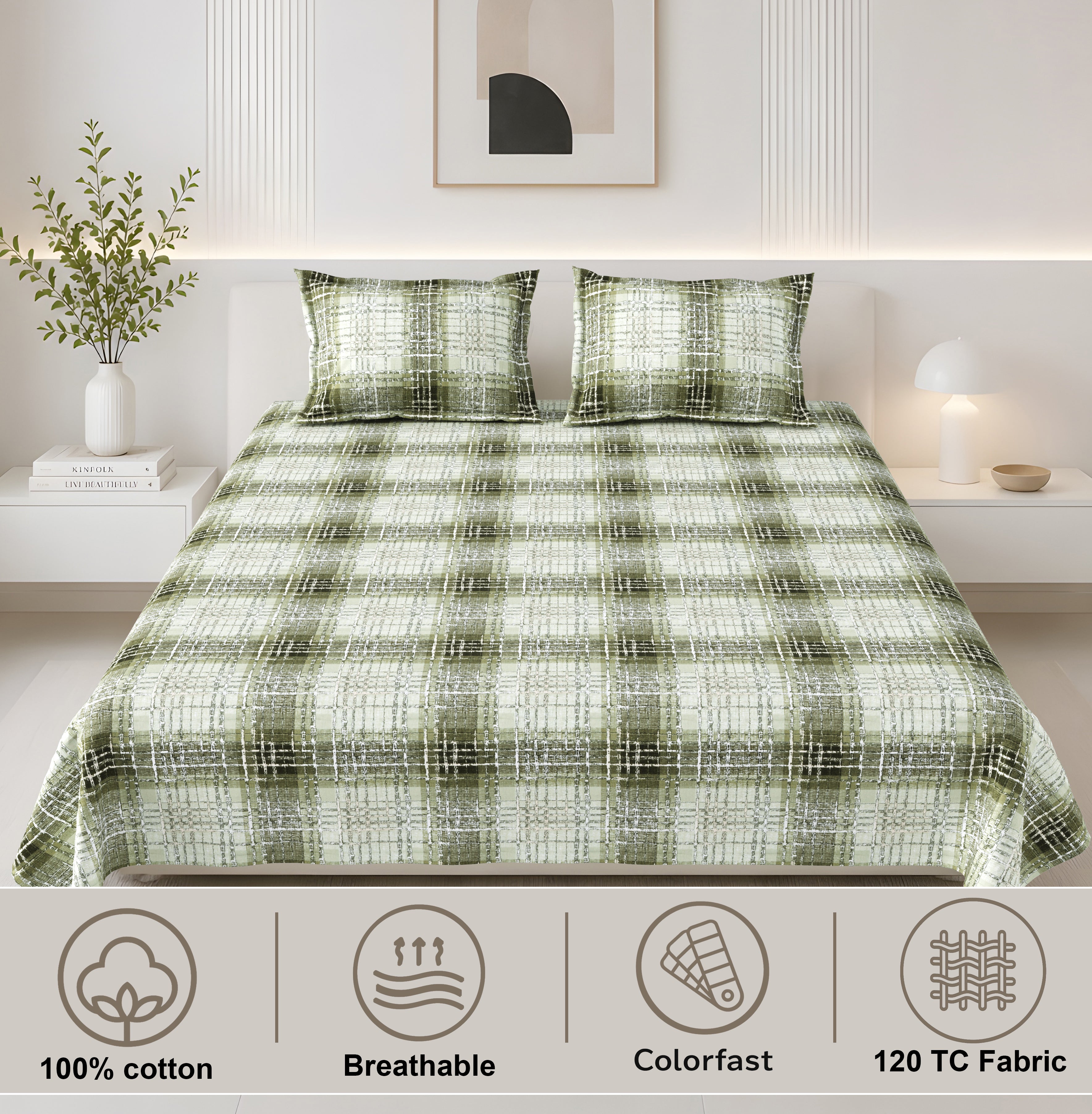 Lotus Queen Bedsheet with 2 Pillow Covers 100% Cotton 120 TC Textured Geometric Grey