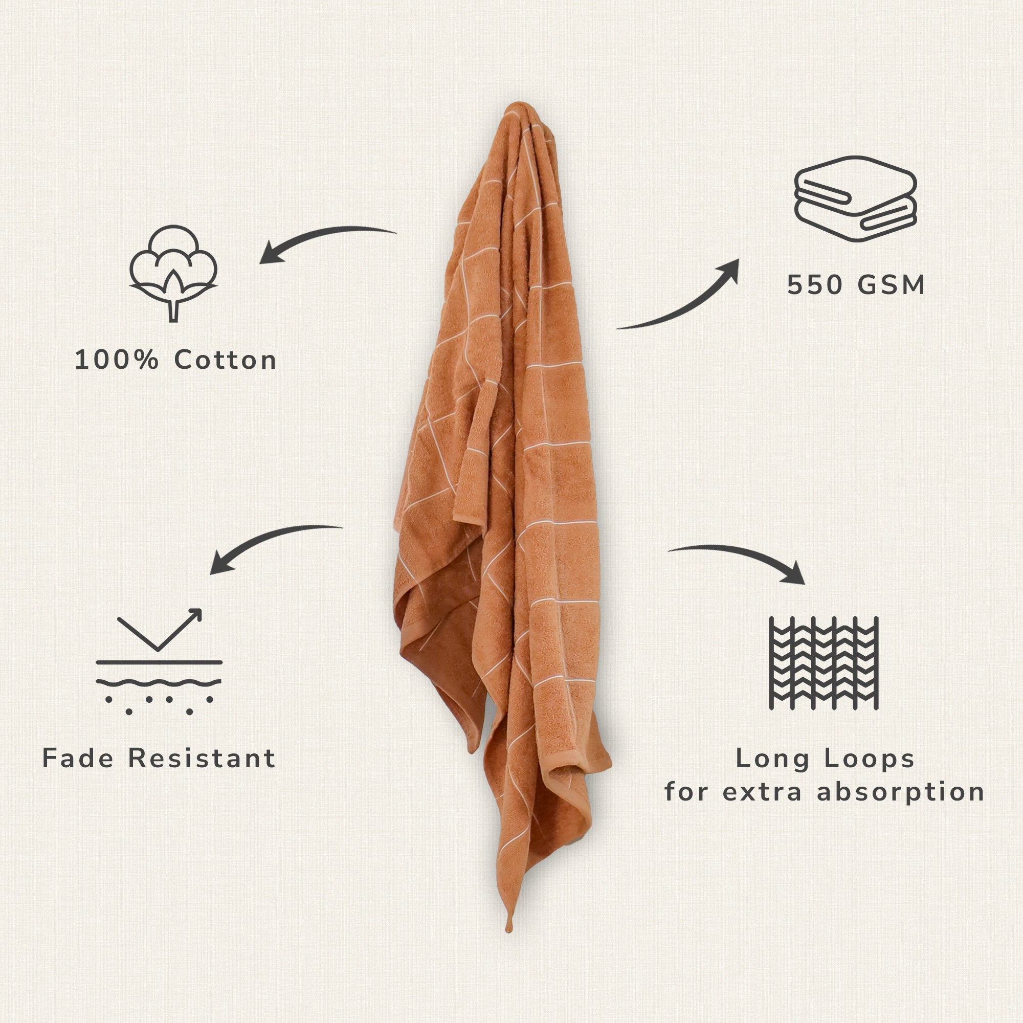 Jasmine Bath Towel 100% Cotton 365 GSM Classic Check Walnut