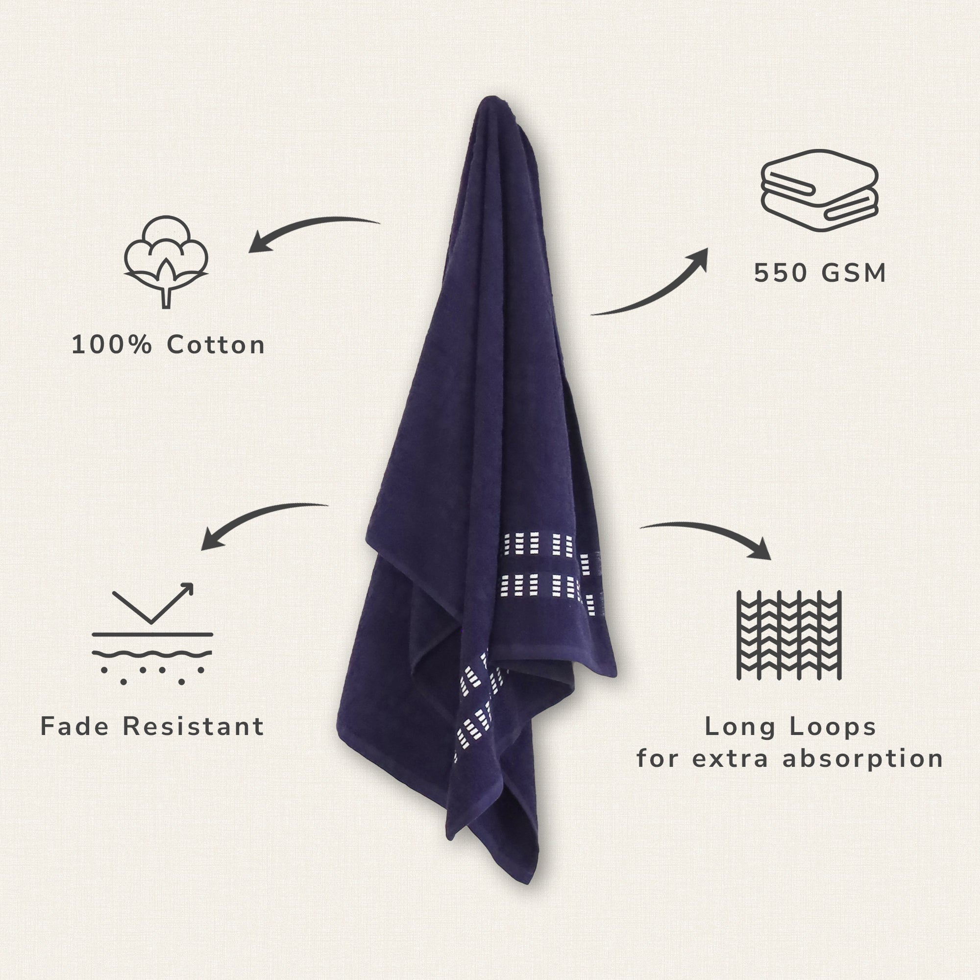 Lotus Bath Towel 100% Cotton 365 GSM Sculpted Border Navy