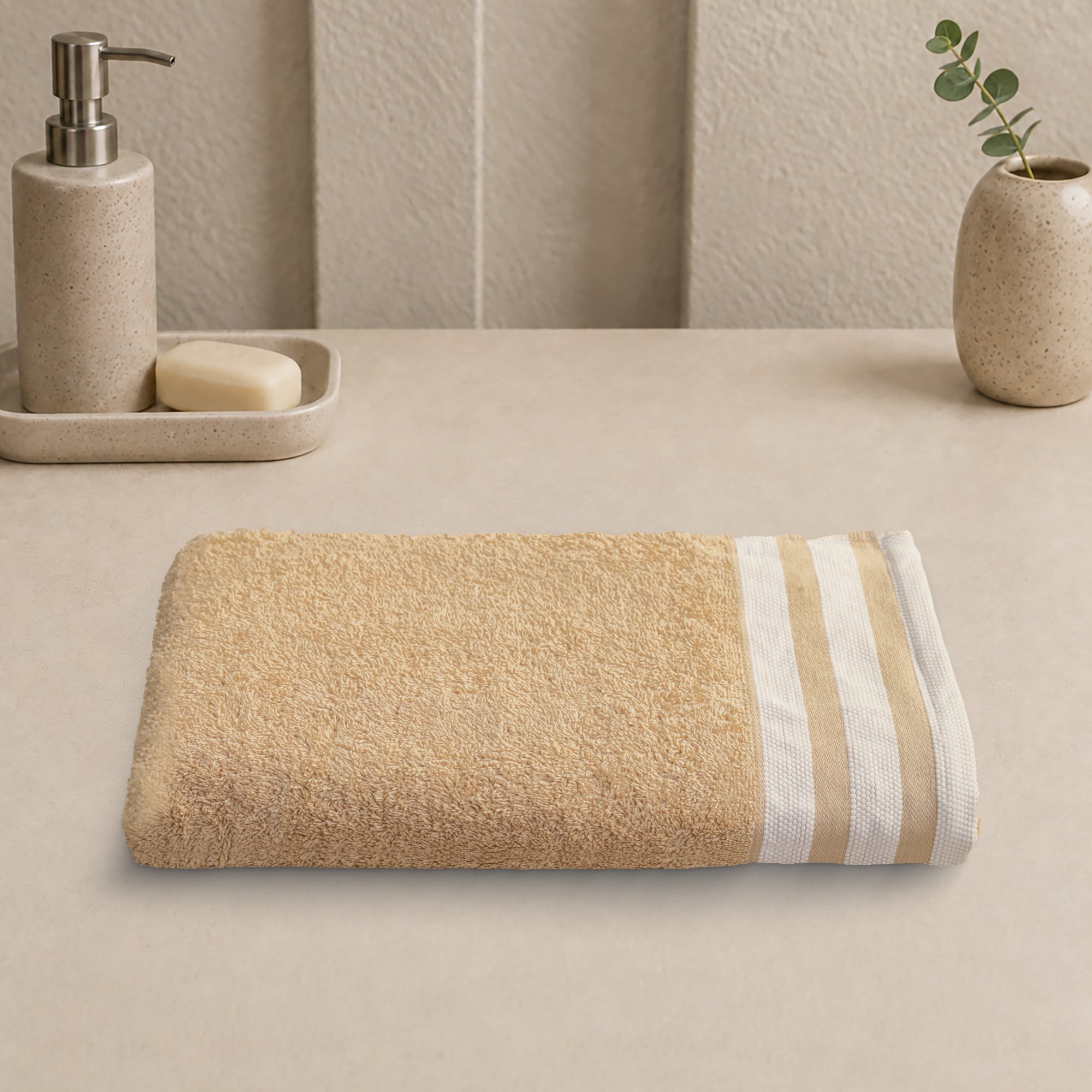 Lily Bath Towel Large 100% Cotton 550 GSM White Border Beige Long Pile