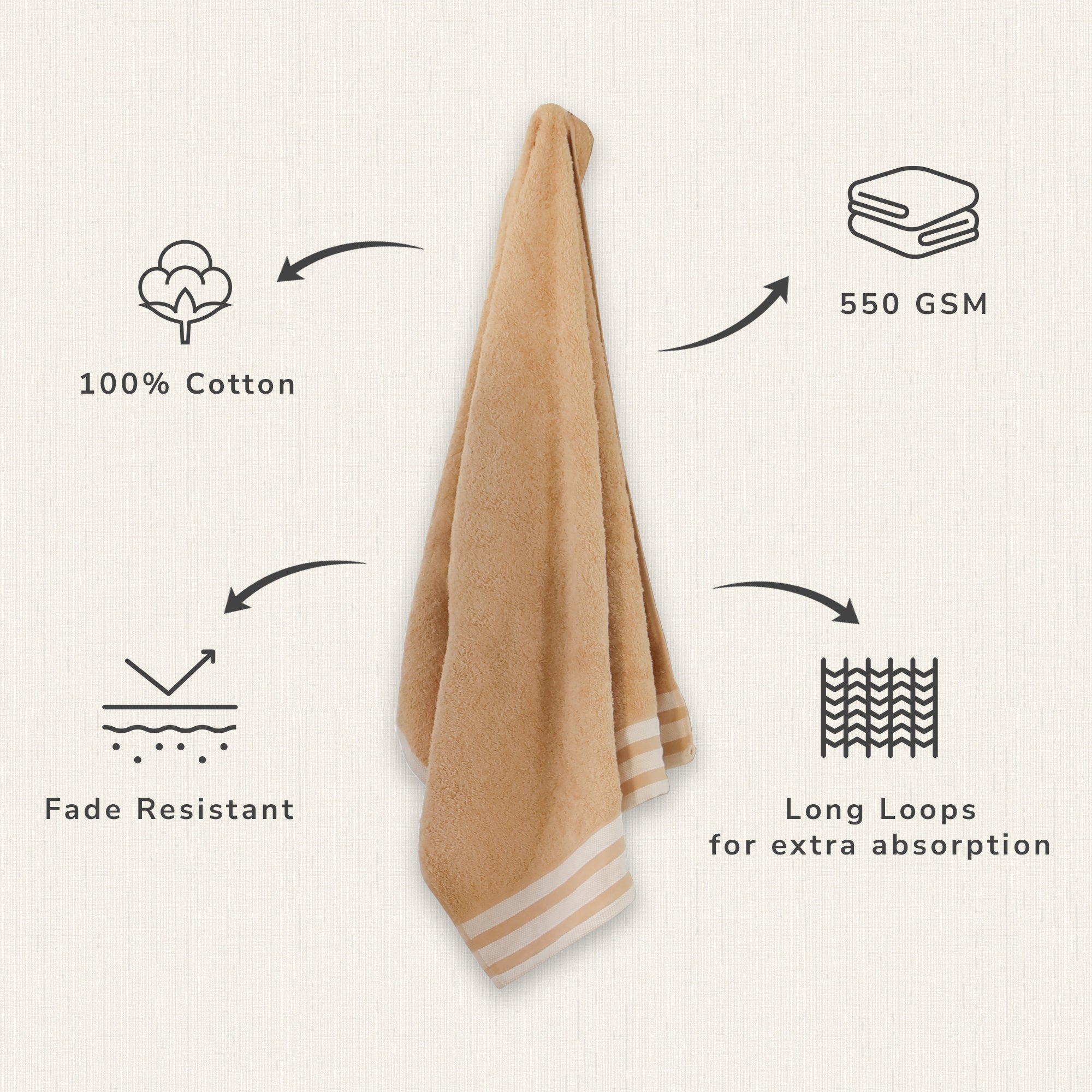 Lily Bath Towel Large 100% Cotton 550 GSM White Border Beige Long Pile