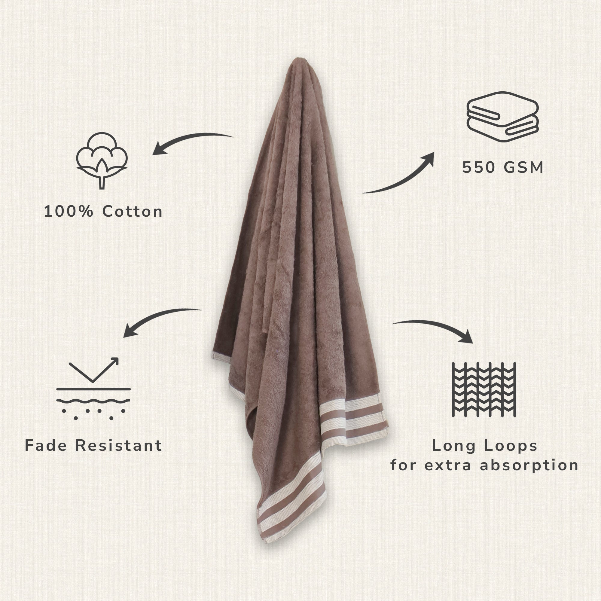 Lily Bath Towel Large 100% Cotton 550 GSM White Border Mushroom Long Pile