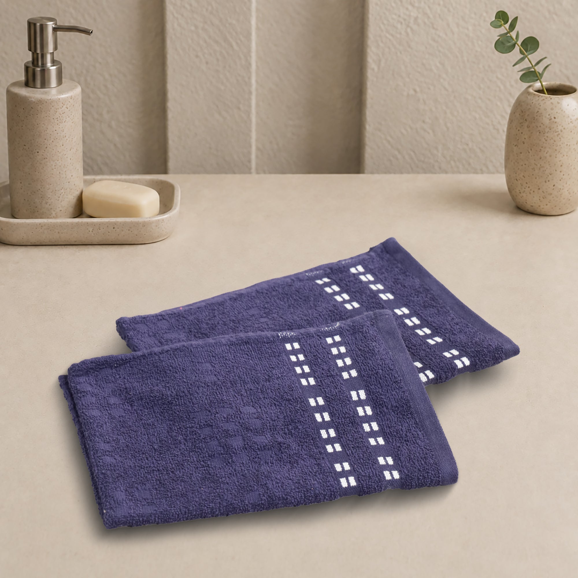 Lotus Hand Towel (Set of 2) 100% Cotton 365 GSM Sculpted Border Navy