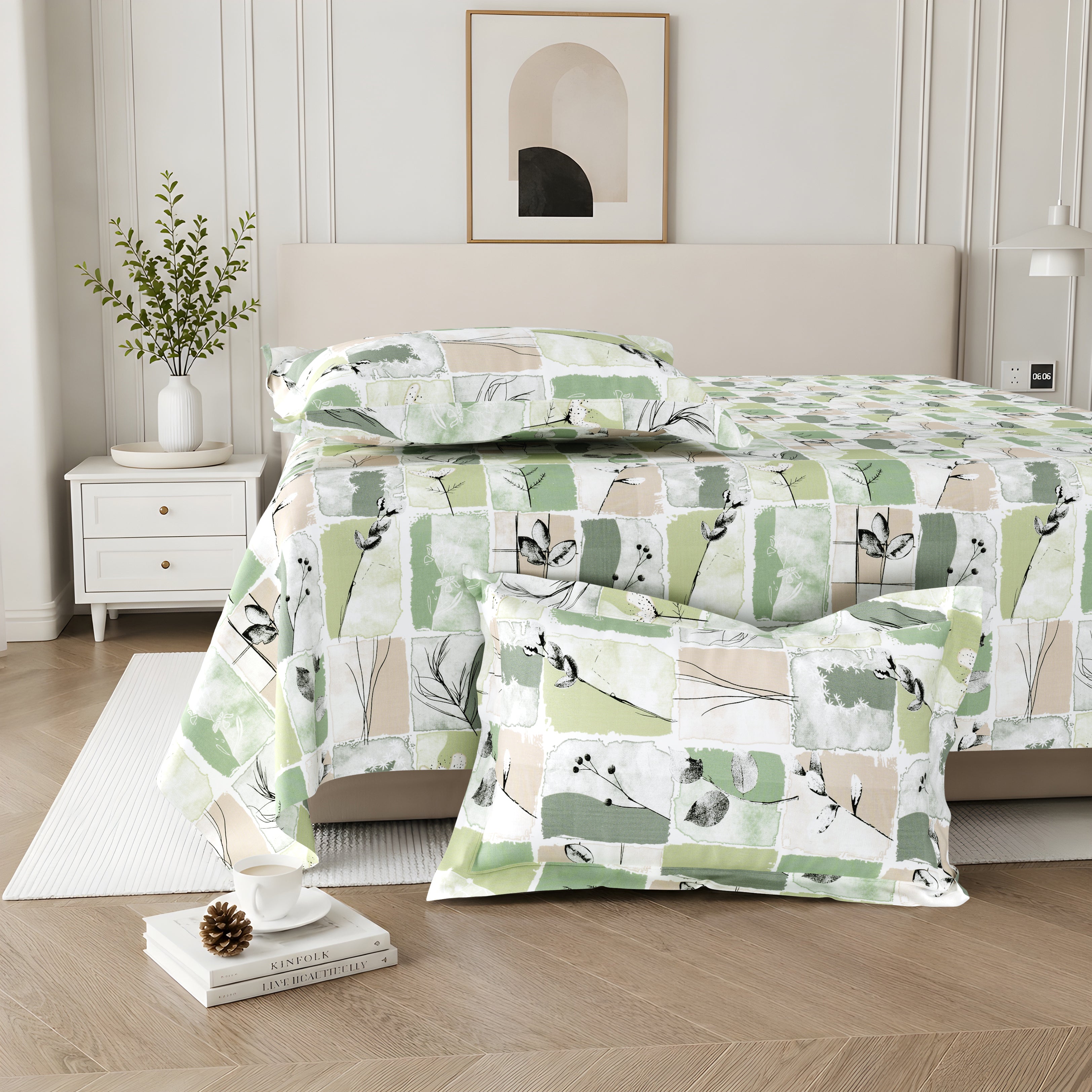 Lily King Bedsheet with 2 Pillow Covers 100% Cotton 180 TC Twill Weave Modern Floral Green