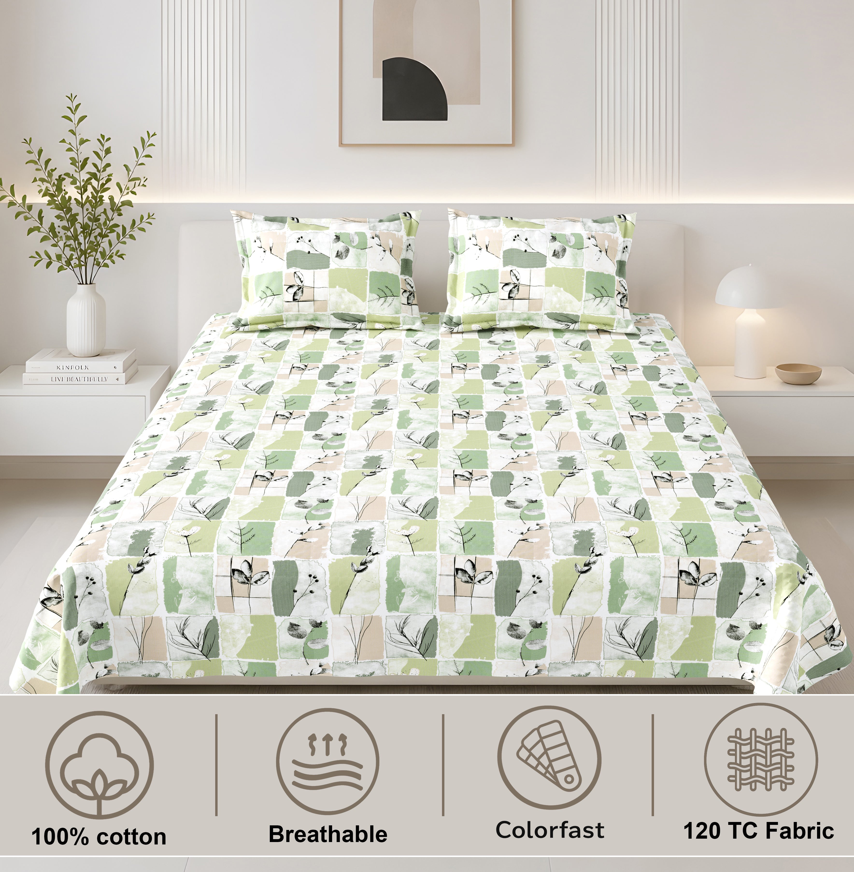 Lily King Bedsheet with 2 Pillow Covers 100% Cotton 180 TC Twill Weave Modern Floral Green