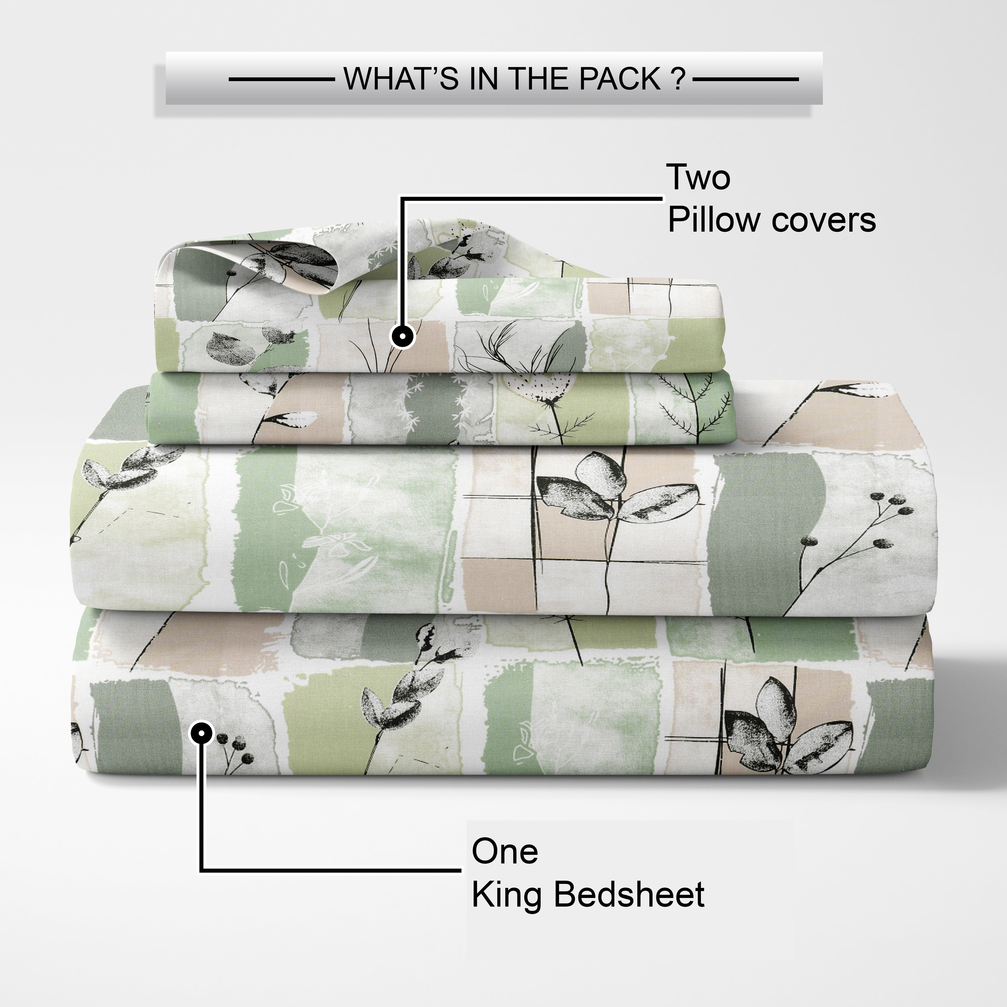 Lily King Fitted Sheet with 2 Pillow Covers 100% Cotton 180 TC Twill Weave Modern Floral Green