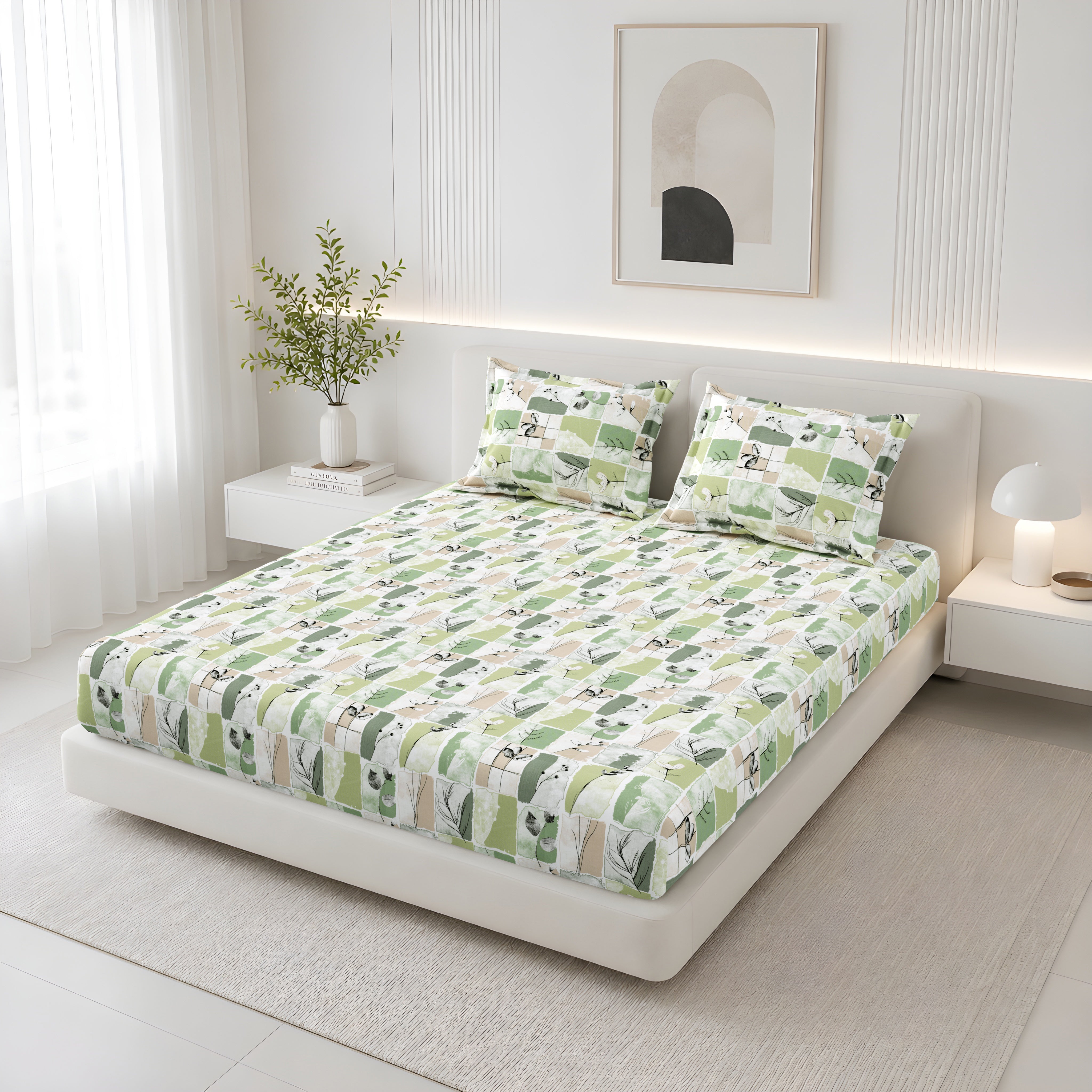 Lily Queen Fitted Sheet with 2 Pillow Covers 100% Cotton 180 TC Twill Weave Modern Floral Green